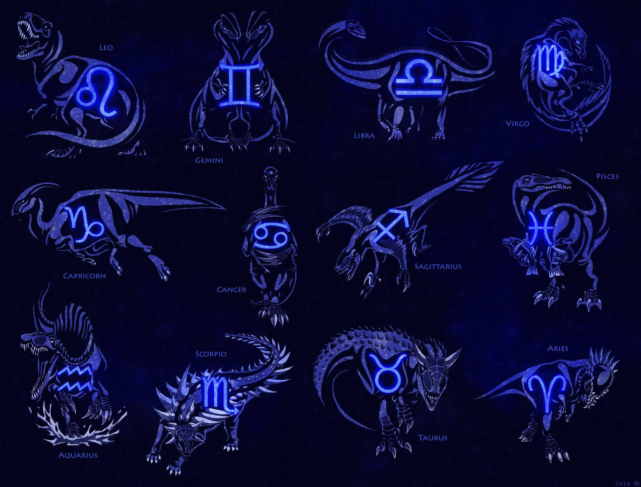 Pisces, zodiac signs, glowing blue dinosaurs, Full HD Desktop Wallpaper
