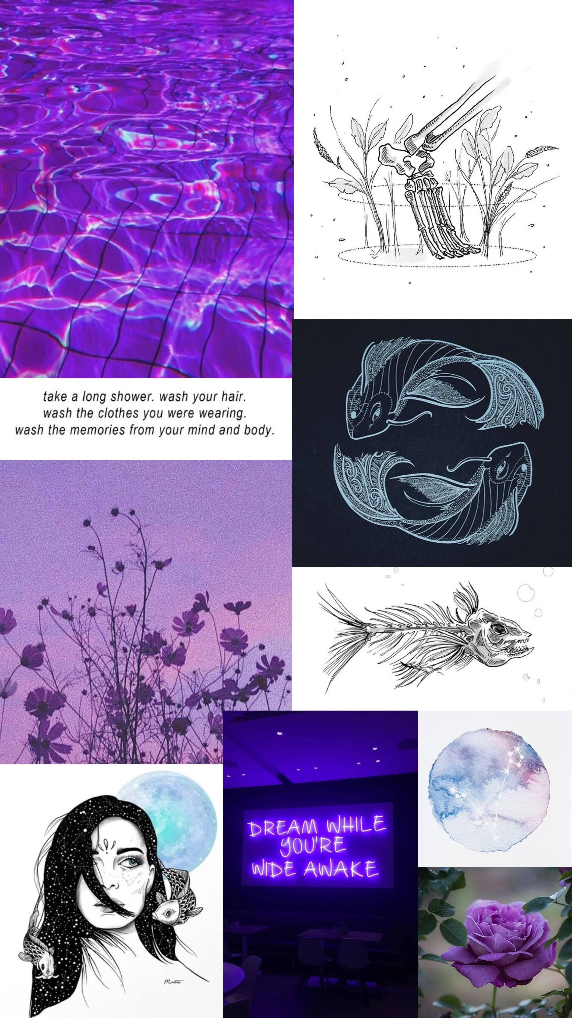 Pisces, purple-themed illustrations, water ripples, 4K Phone Wallpaper