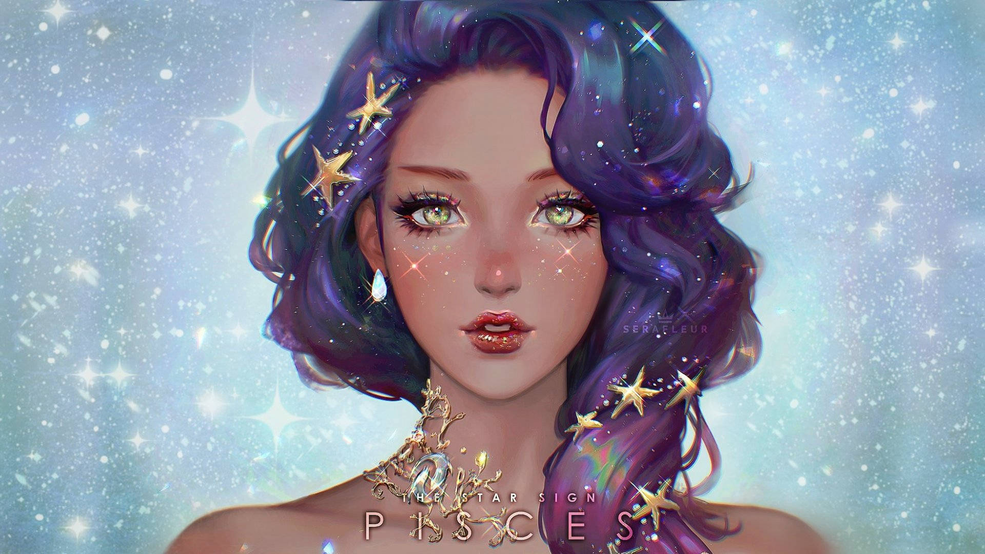 Pisces, celestial anime girl, purple hair, Full HD Desktop Wallpaper