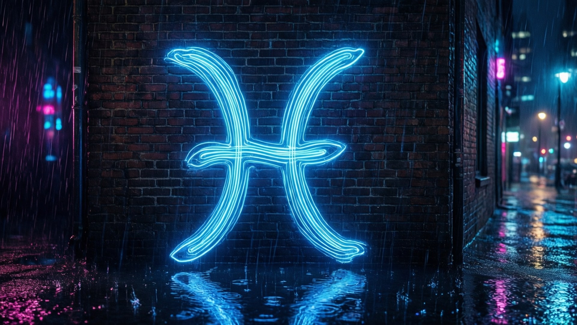 Neon Pisces, glowing blue neon, wet brick wall, Full HD Desktop Wallpaper