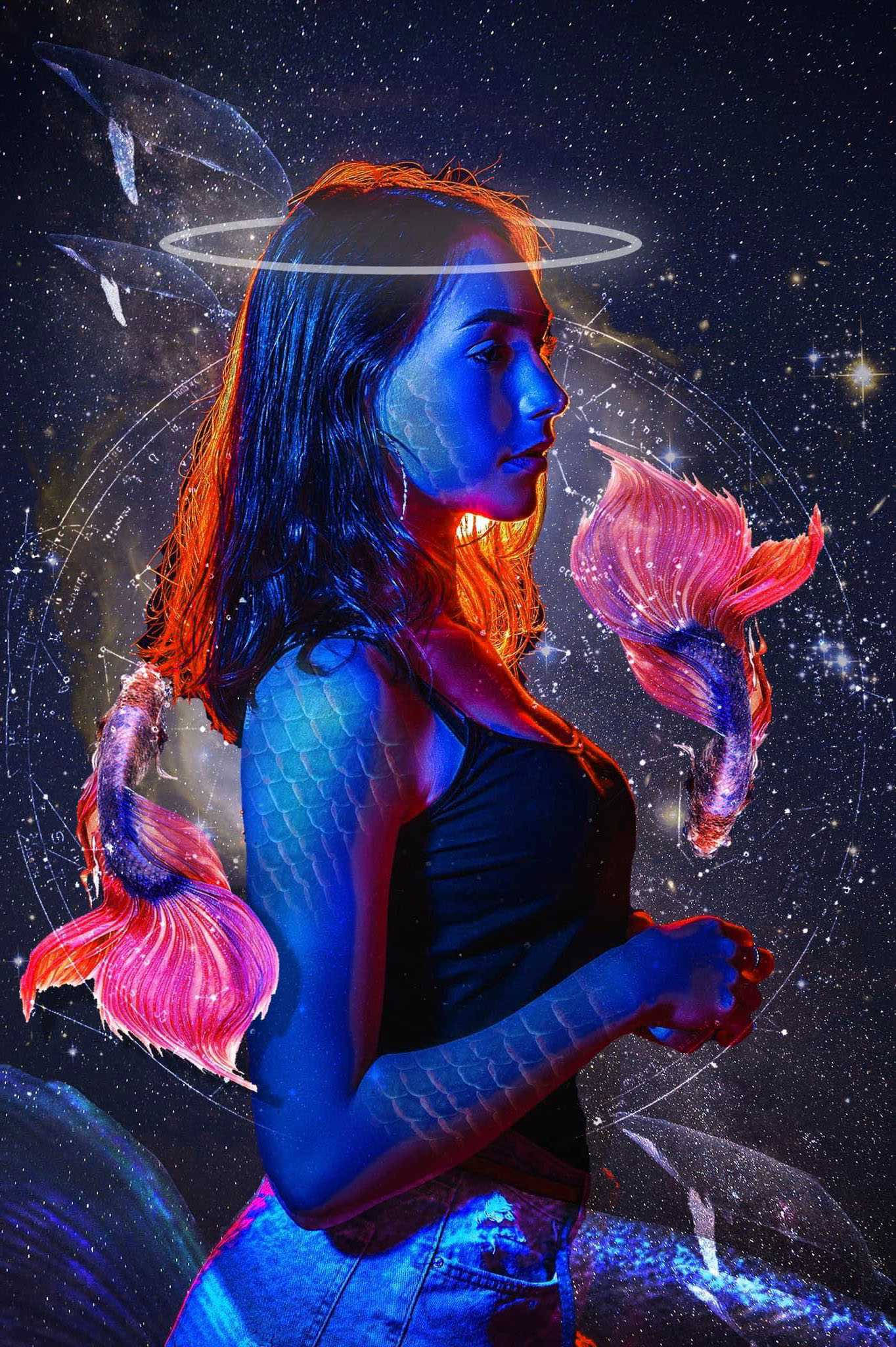 Pisces, glowing blue skin, pink fish tail fins, Full HD Phone Wallpaper