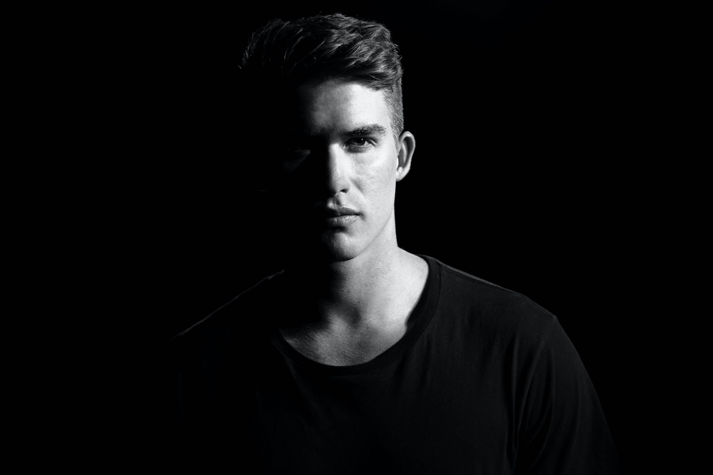 pitch black, black and white portrait, young man, Full HD Desktop Wallpaper