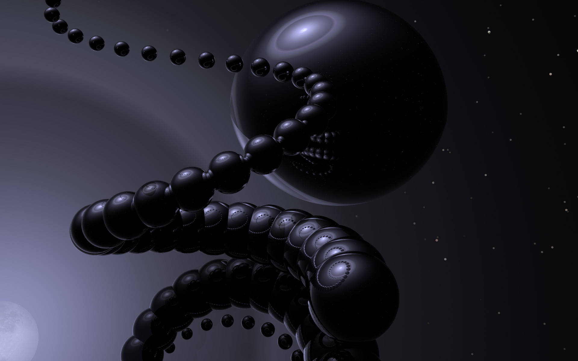 3D black abstract ball, surreal 3d-rendered black beaded chain, skeletal figure, Full HD Desktop Wallpaper