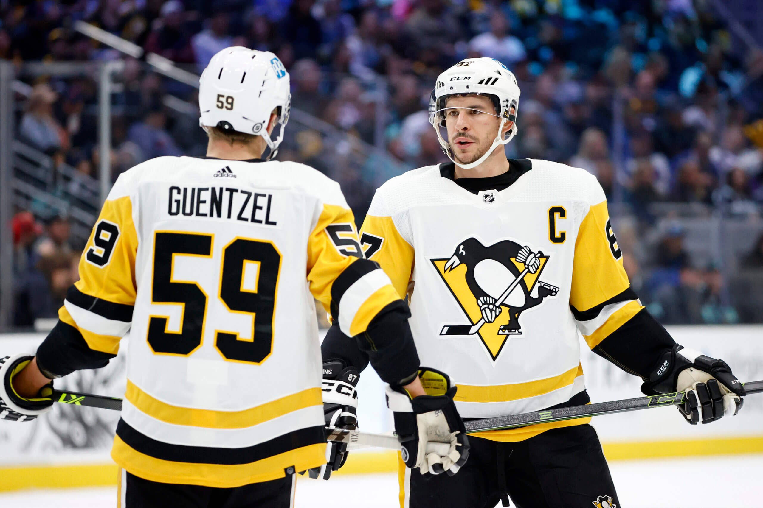 Pittsburgh Penguins, white yellow and black jerseys, ice, 2K Desktop Wallpaper