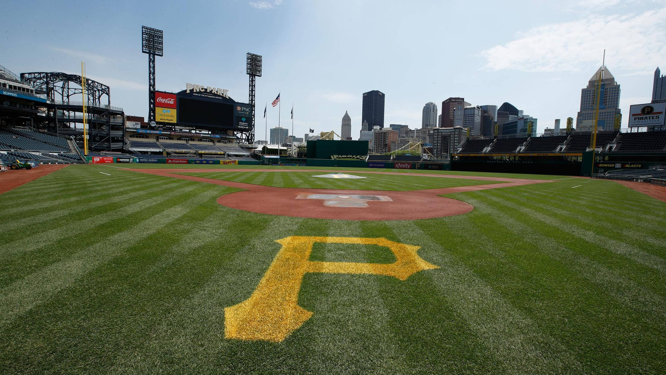 Pittsburgh Pirates, yellow 'P' logo, green grass, Full HD Desktop Wallpaper