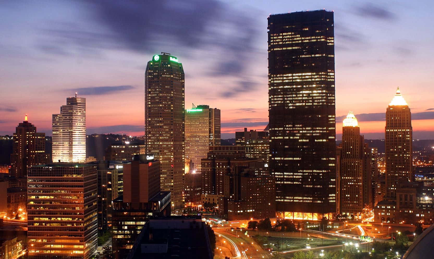 Pittsburgh Skyline, dusk, illuminated skyscrapers, HD Desktop Wallpaper