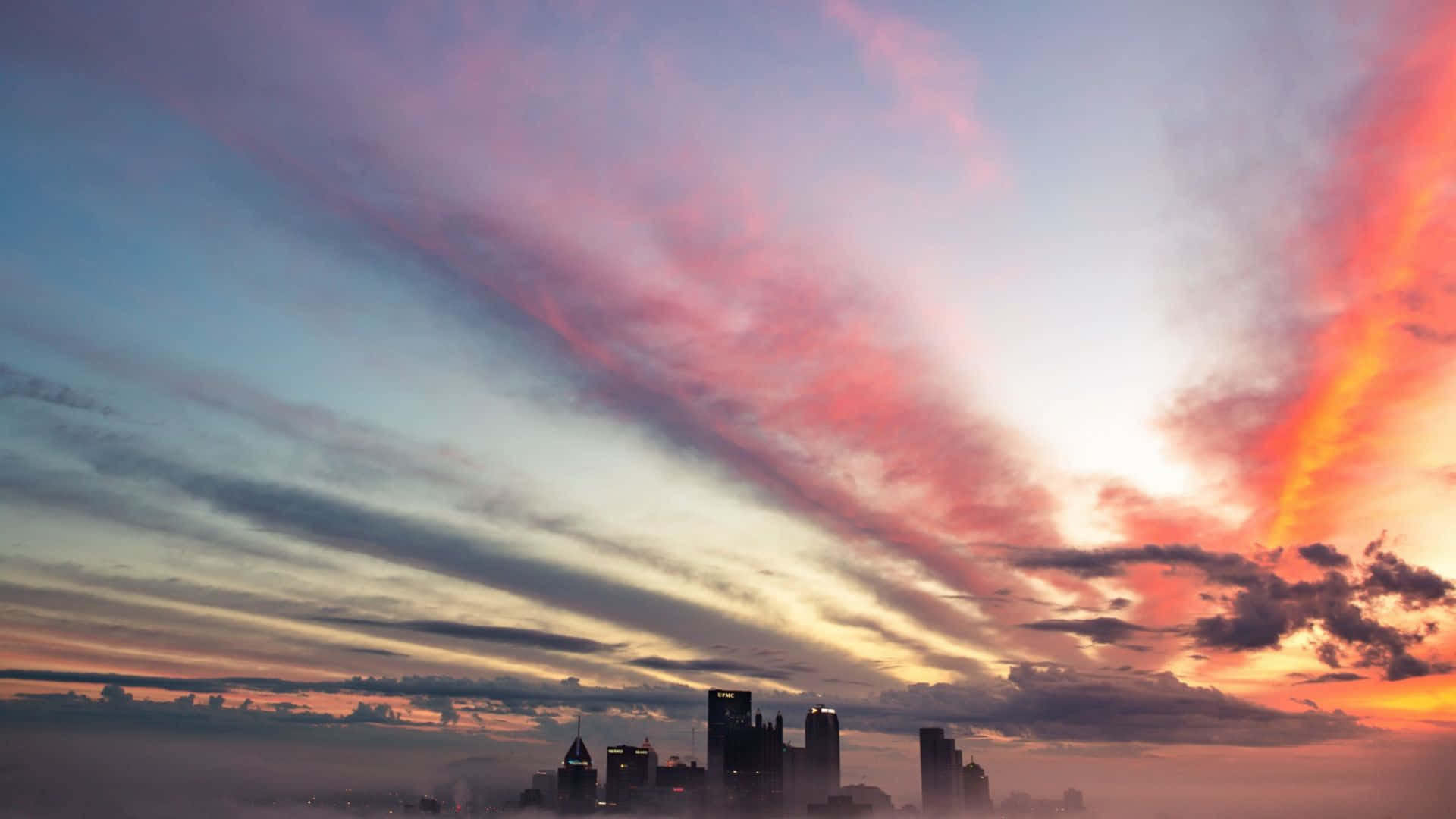 Pittsburgh Skyline, sunset, fiery orange, Full HD Desktop Wallpaper