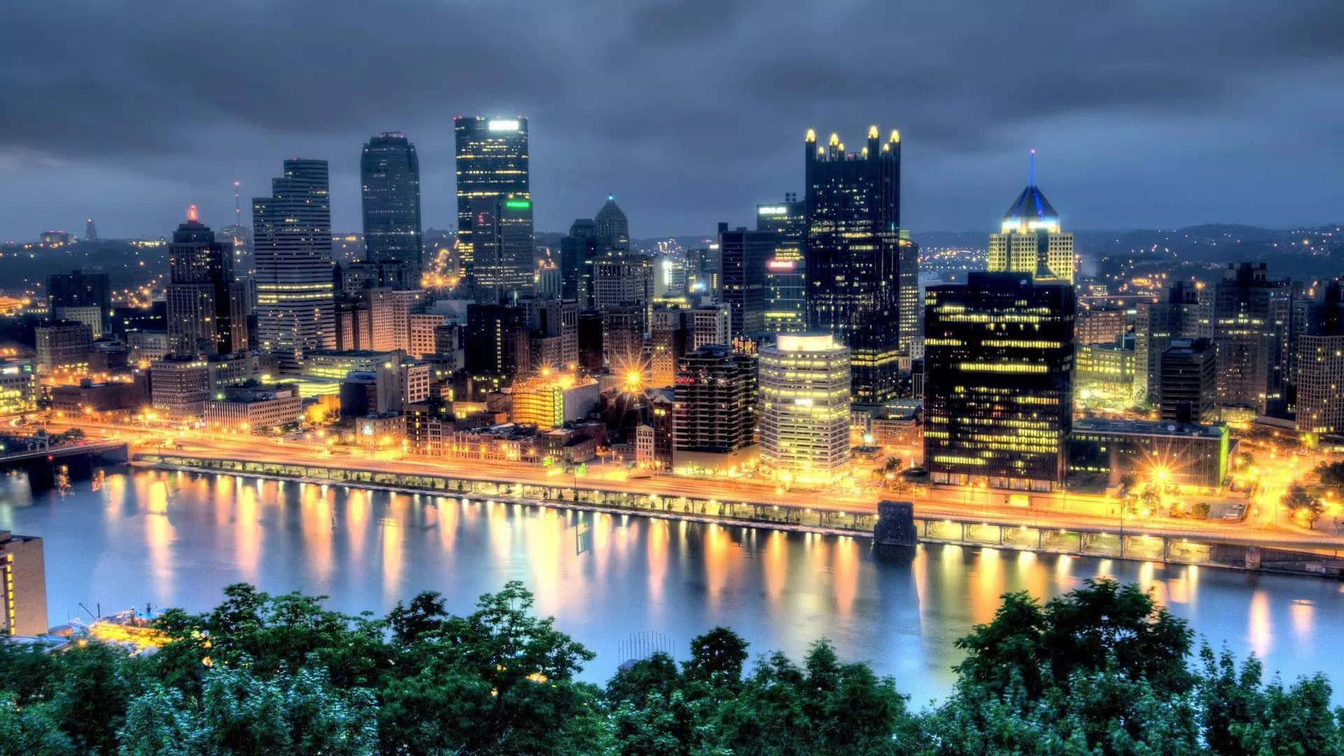 Pittsburgh Skyline, dusk, glowing skyscrapers, Full HD Desktop Wallpaper