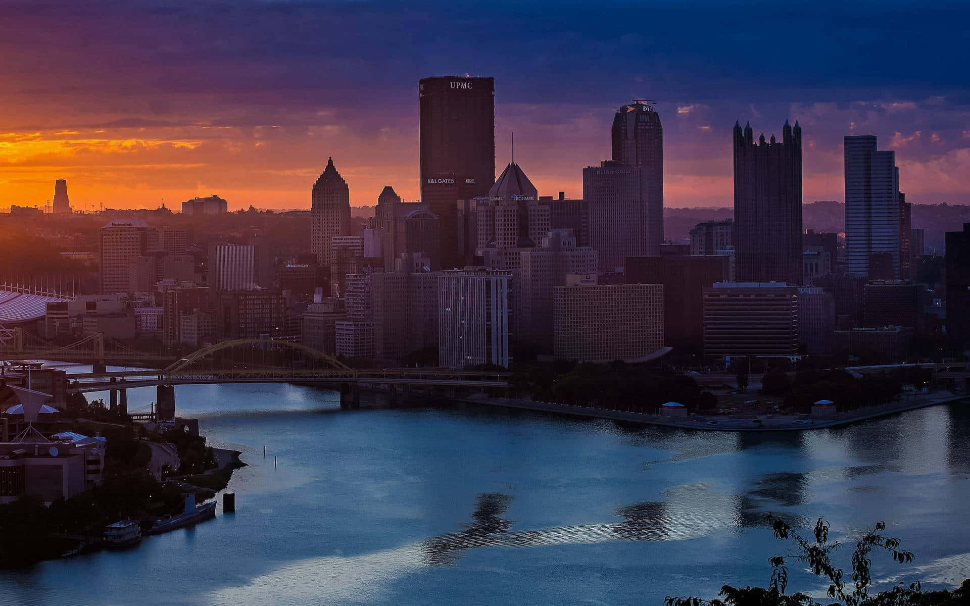 Pittsburgh Skyline, Sunset, Orange skies, Full HD Desktop Wallpaper