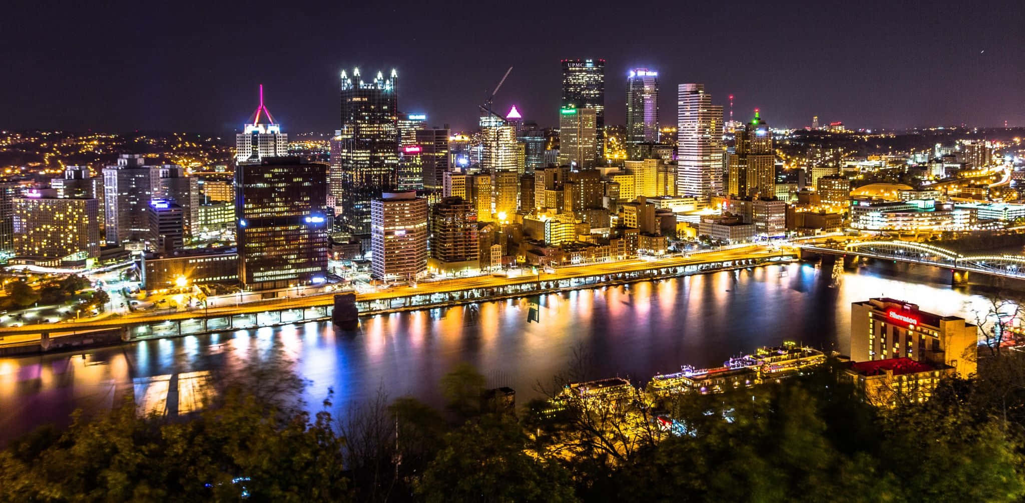 Pittsburgh Skyline, nighttime cityscape, skyscrapers glowing, Full HD Desktop Wallpaper