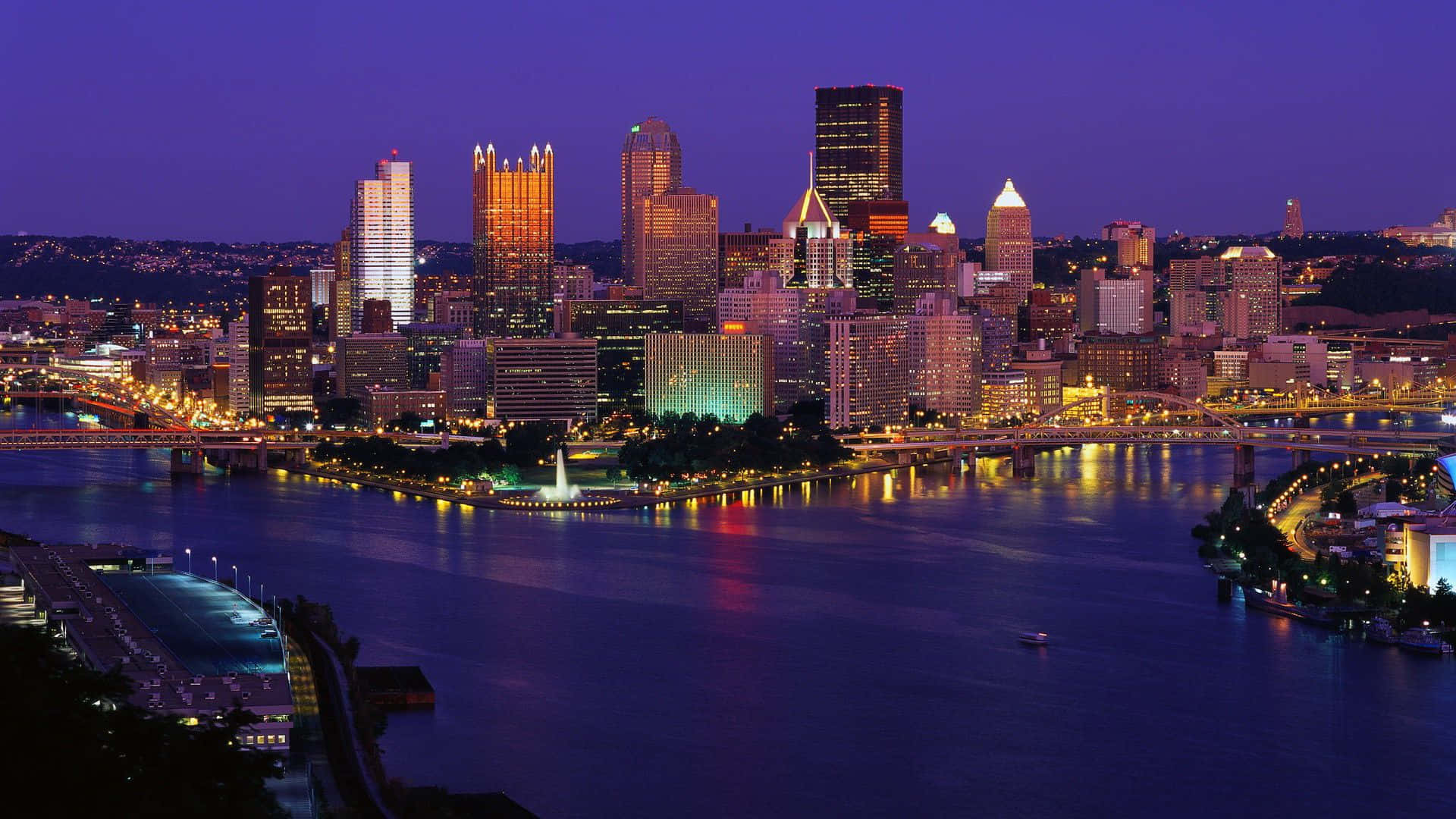 Pittsburgh Skyline, dusk, glowing skyscrapers, Full HD Desktop Wallpaper