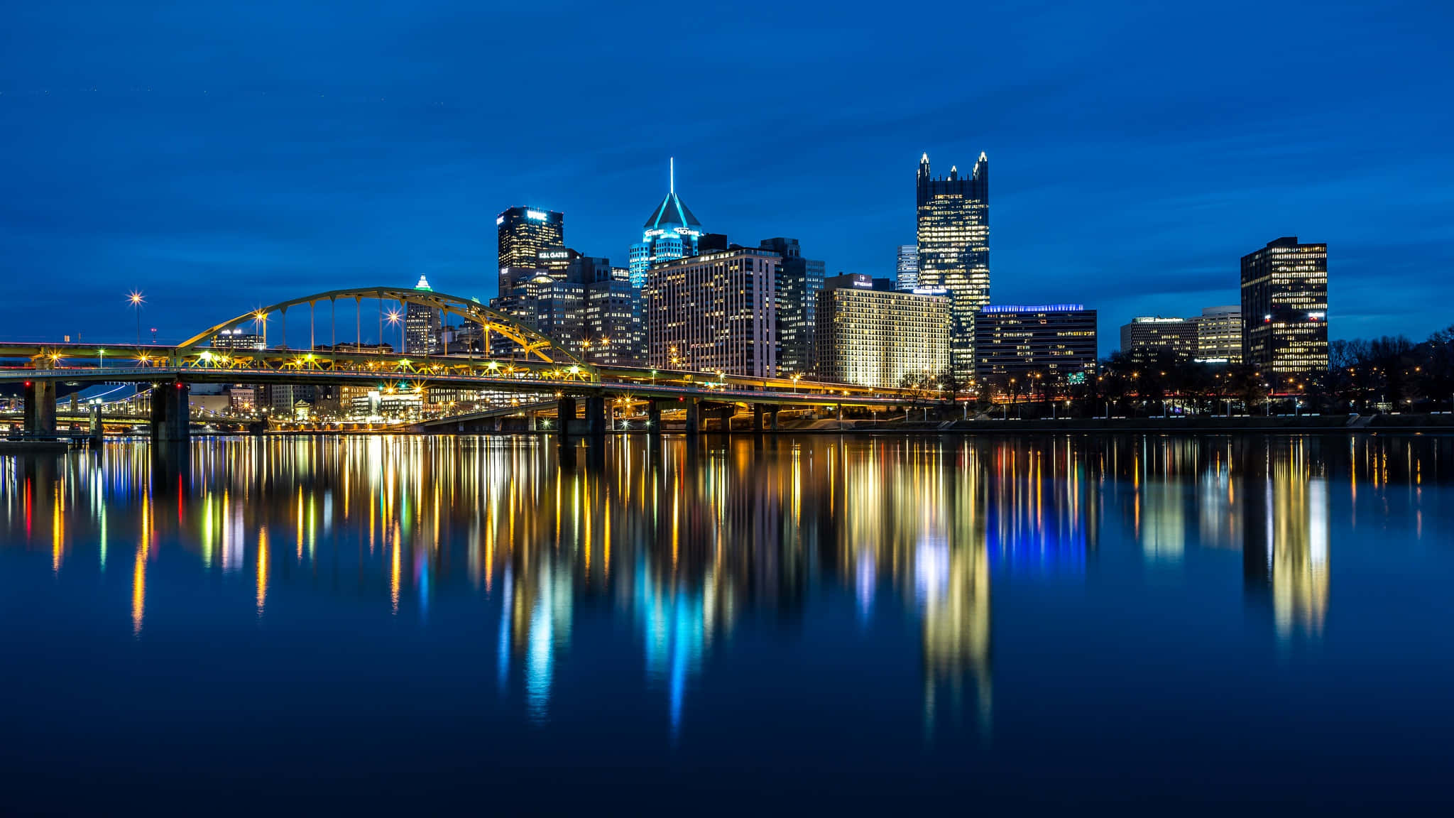 Pittsburgh Skyline, nighttime cityscape, glowing bridge, Full HD Desktop Wallpaper
