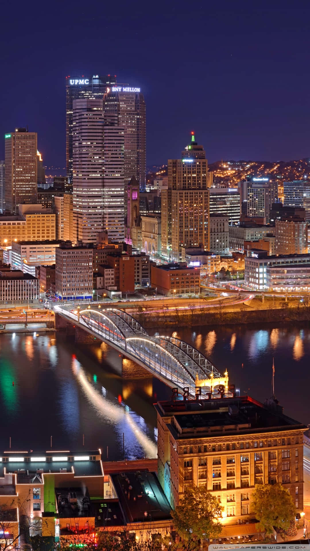 Pittsburgh Skyline, Nighttime Pittsburgh Skyline, glowing bridge, Full HD Phone Wallpaper
