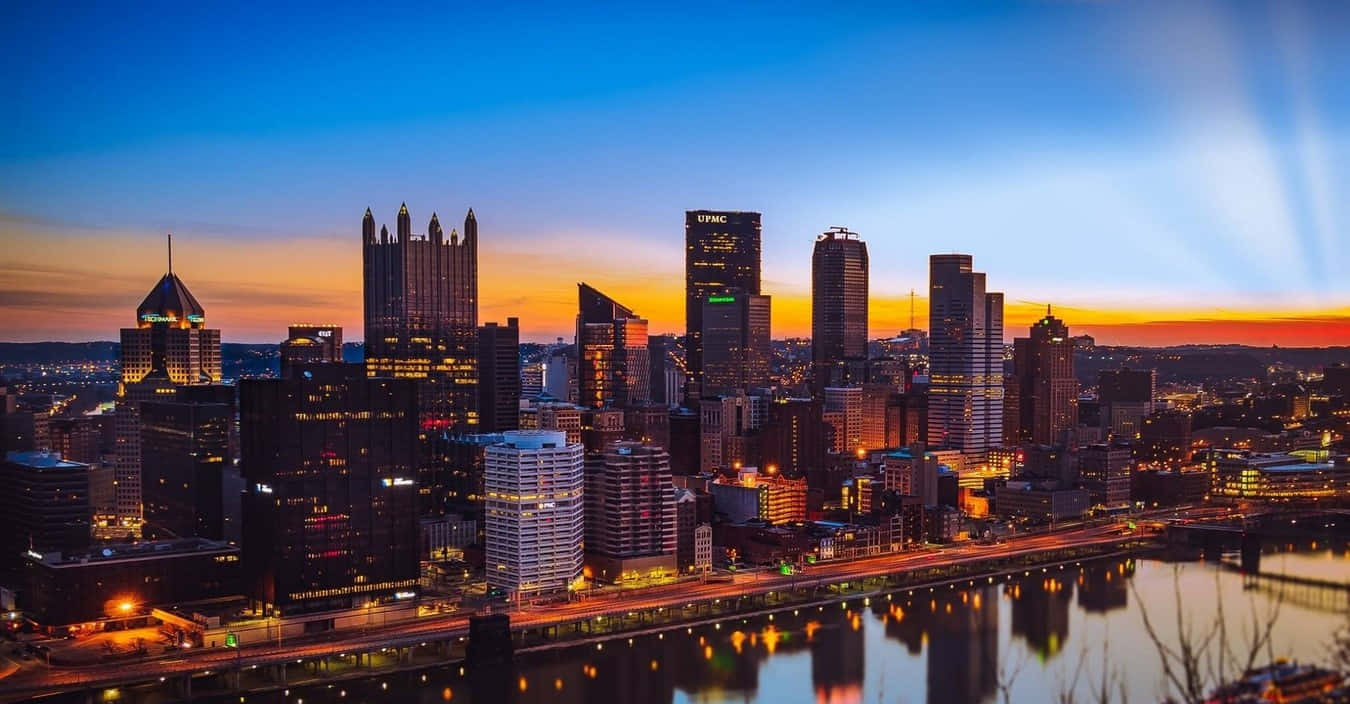 Pittsburgh Skyline, sunset, glowing skyscrapers, HD Desktop Wallpaper