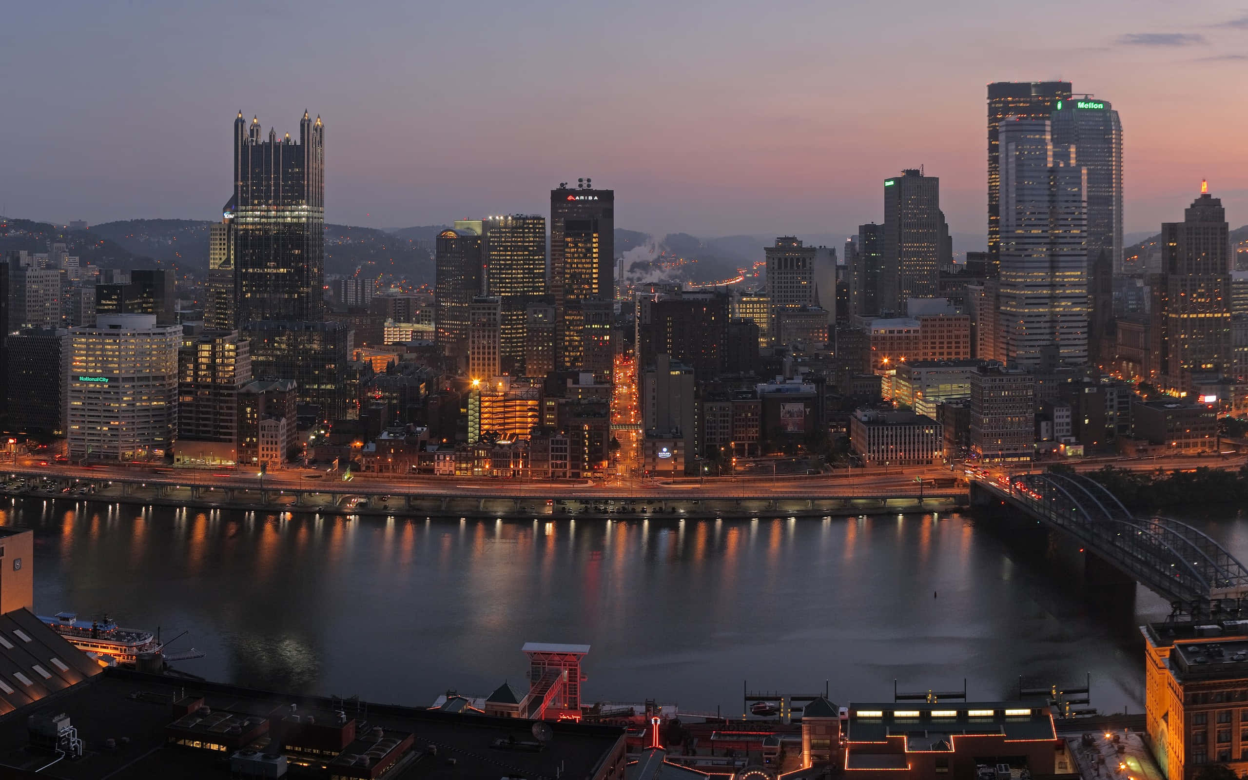Pittsburgh Skyline, twilight cityscape, illuminated skyscrapers, 2K Desktop Wallpaper