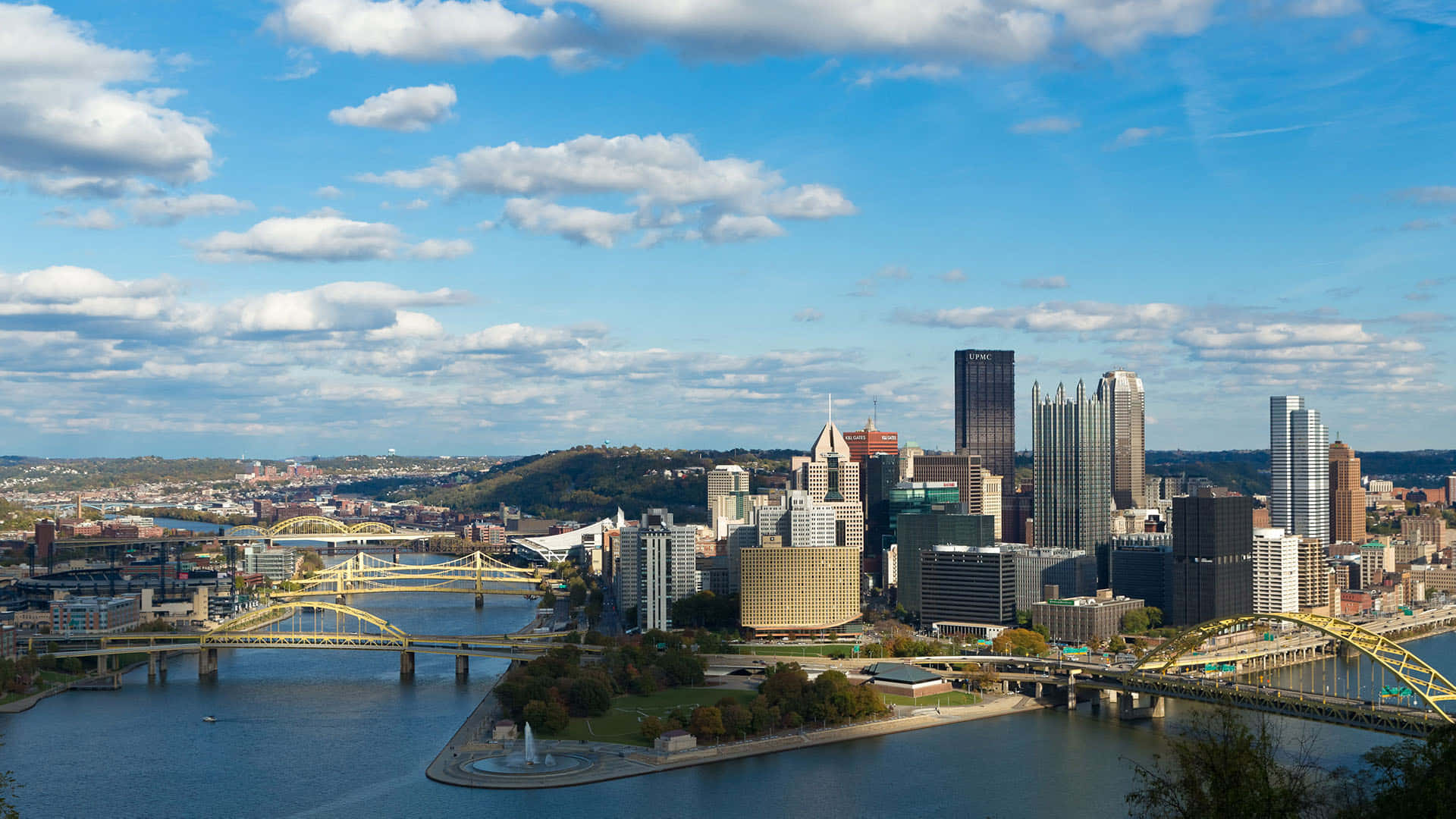 Pittsburgh Skyline, yellow bridges, rivers, Full HD Desktop Wallpaper