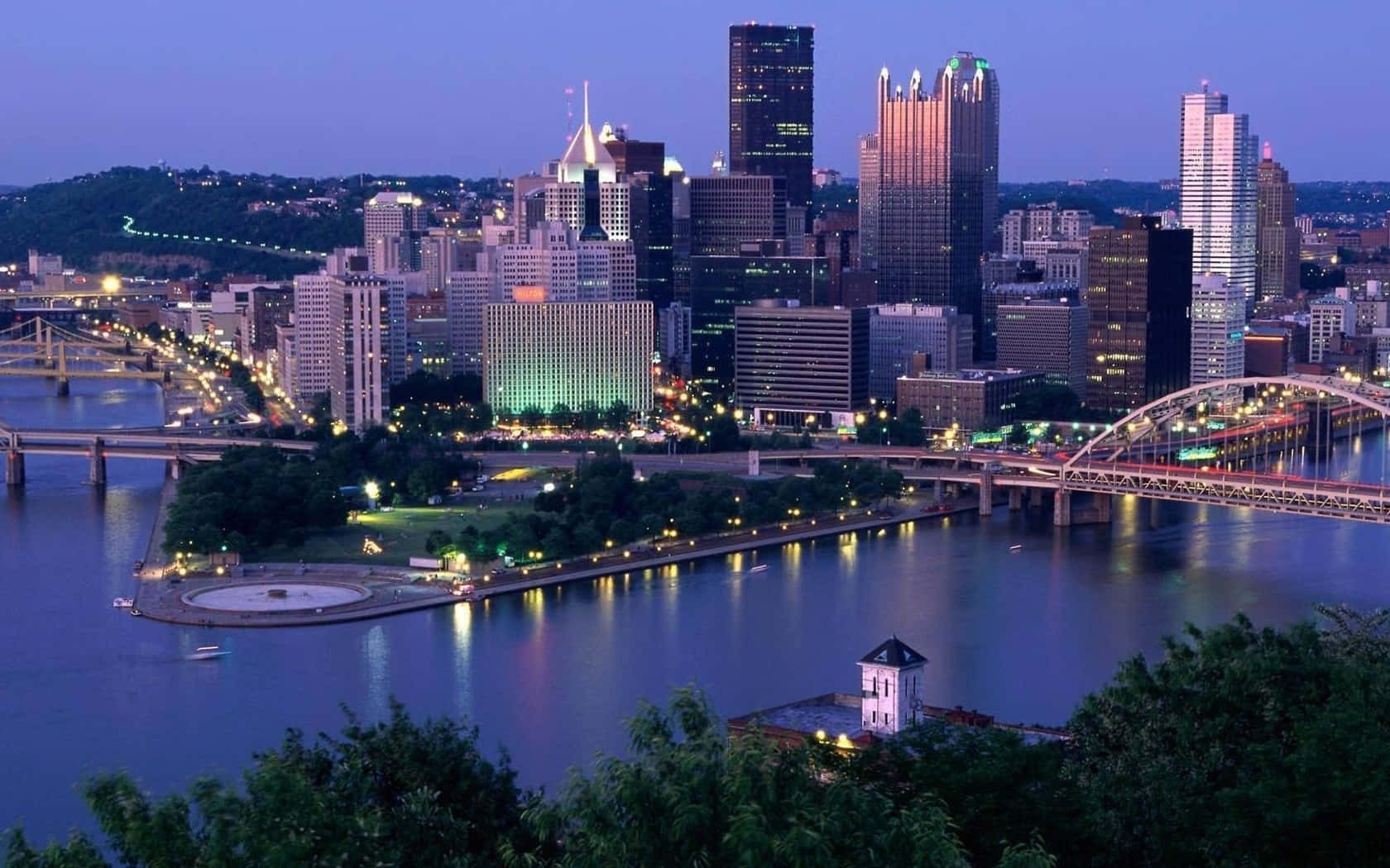Pittsburgh Skyline, River Intersection, Dusk, HD Desktop Wallpaper