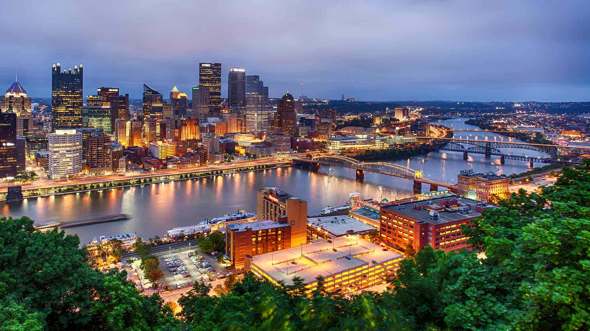 Pittsburgh Skyline, twilight, glowing skyscrapers, Full HD Desktop Wallpaper