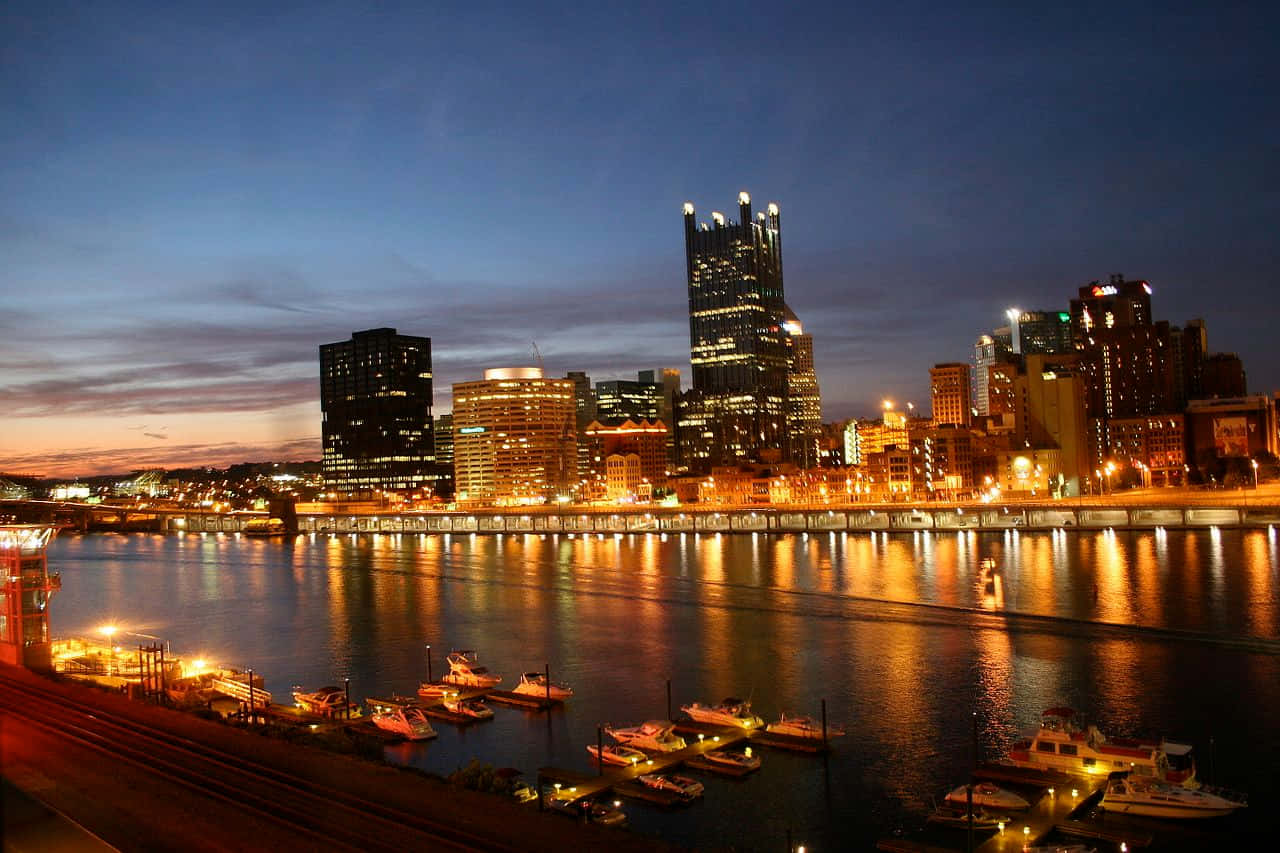 Pittsburgh Skyline, dusk, glowing skyscrapers, HD Desktop Wallpaper