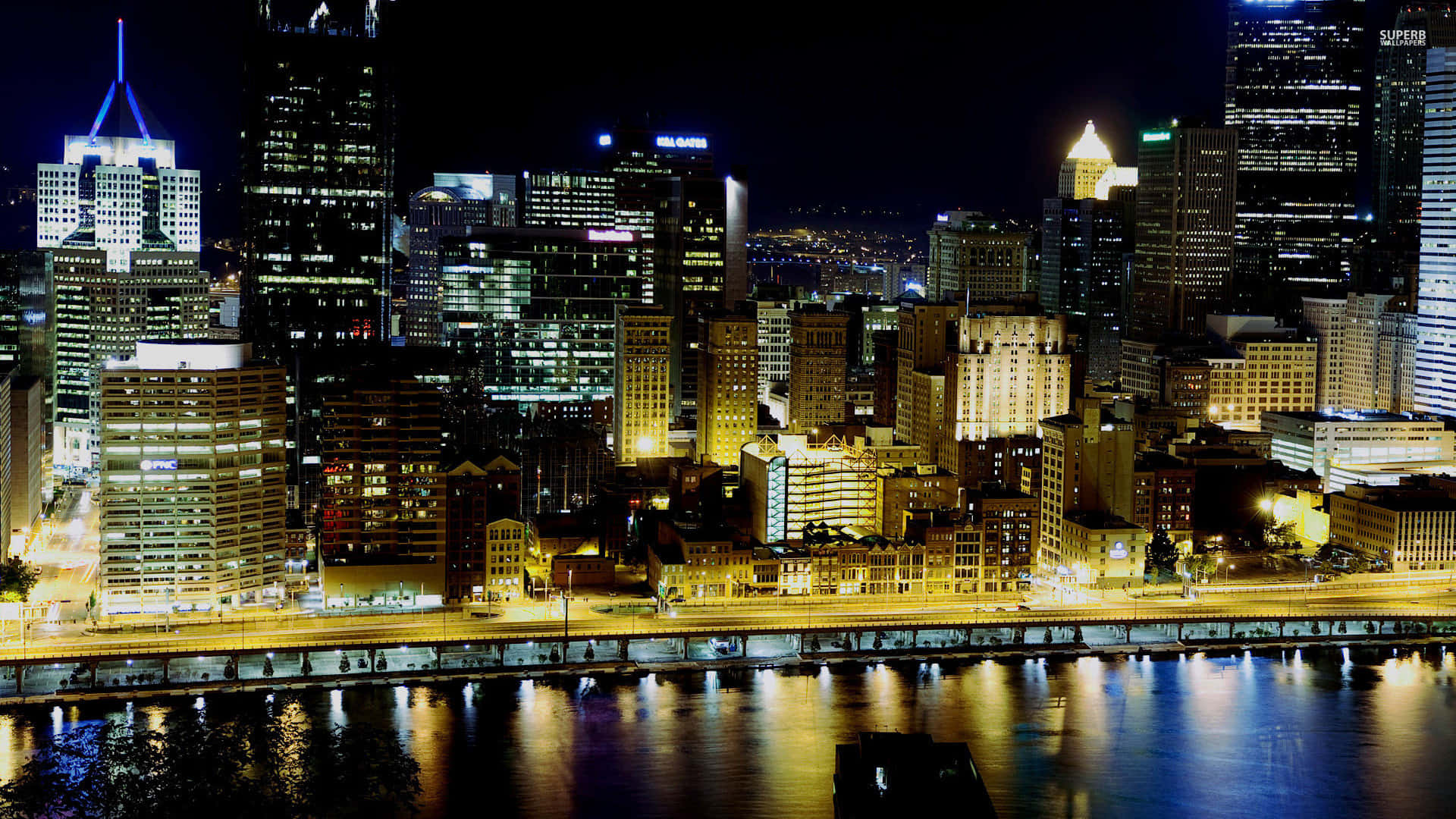 Pittsburgh Skyline, nighttime cityscape, illuminated skyscrapers, Full HD Desktop Wallpaper