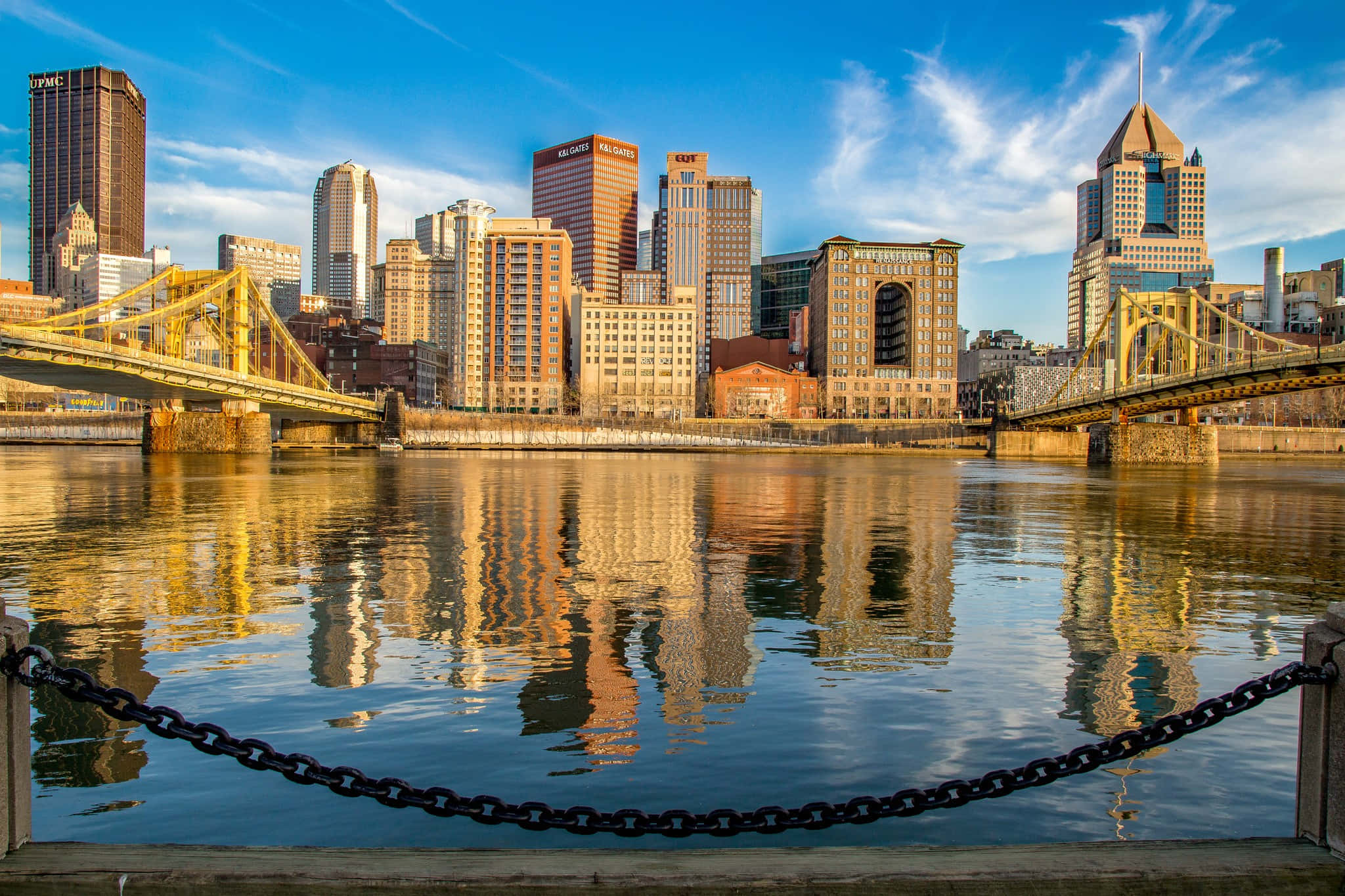 Pittsburgh Skyline, yellow bridges, calm river, Full HD Desktop Wallpaper