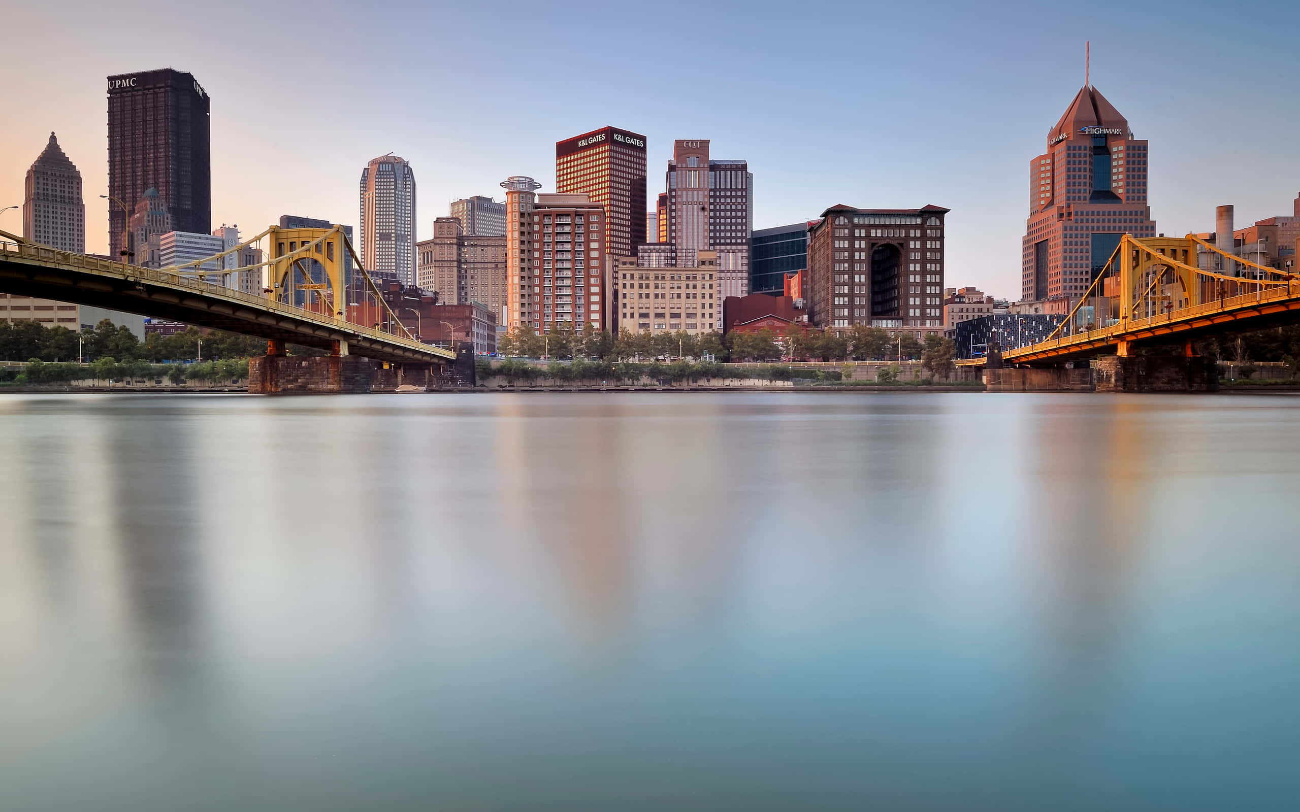 Pittsburgh Skyline, sunset, yellow bridges, 2K Desktop Wallpaper