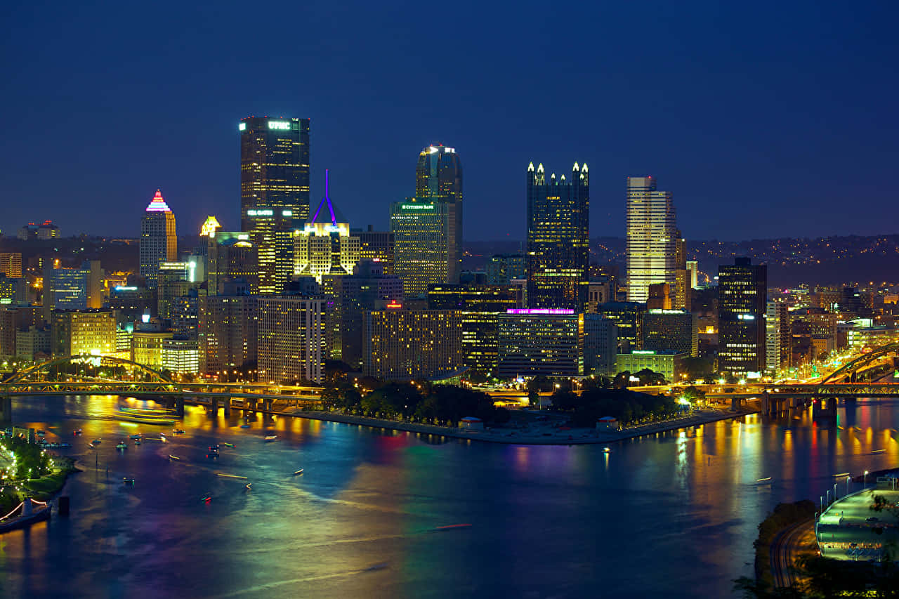 Pittsburgh Skyline, Nighttime Pittsburgh Skyline, glowing skyscrapers, HD Desktop Wallpaper
