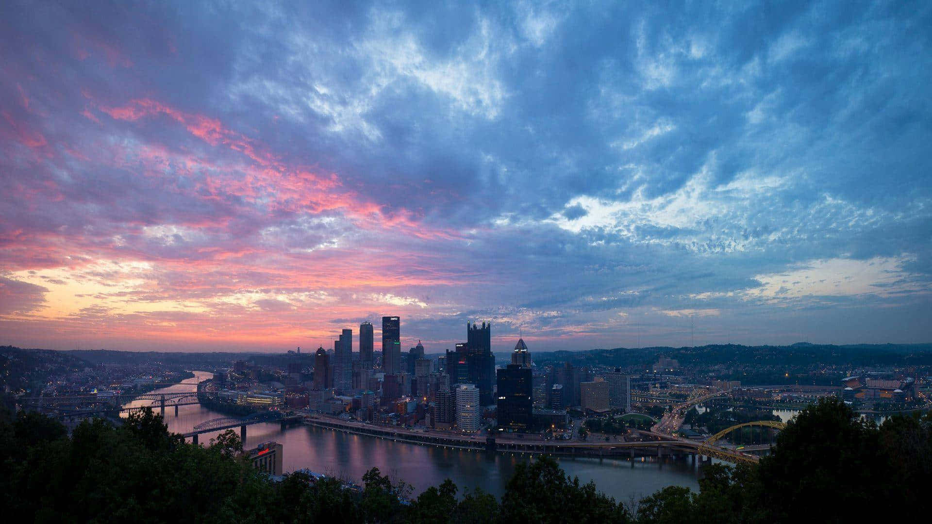 Pittsburgh Skyline, dusk, pink and blue clouds, Full HD Desktop Wallpaper