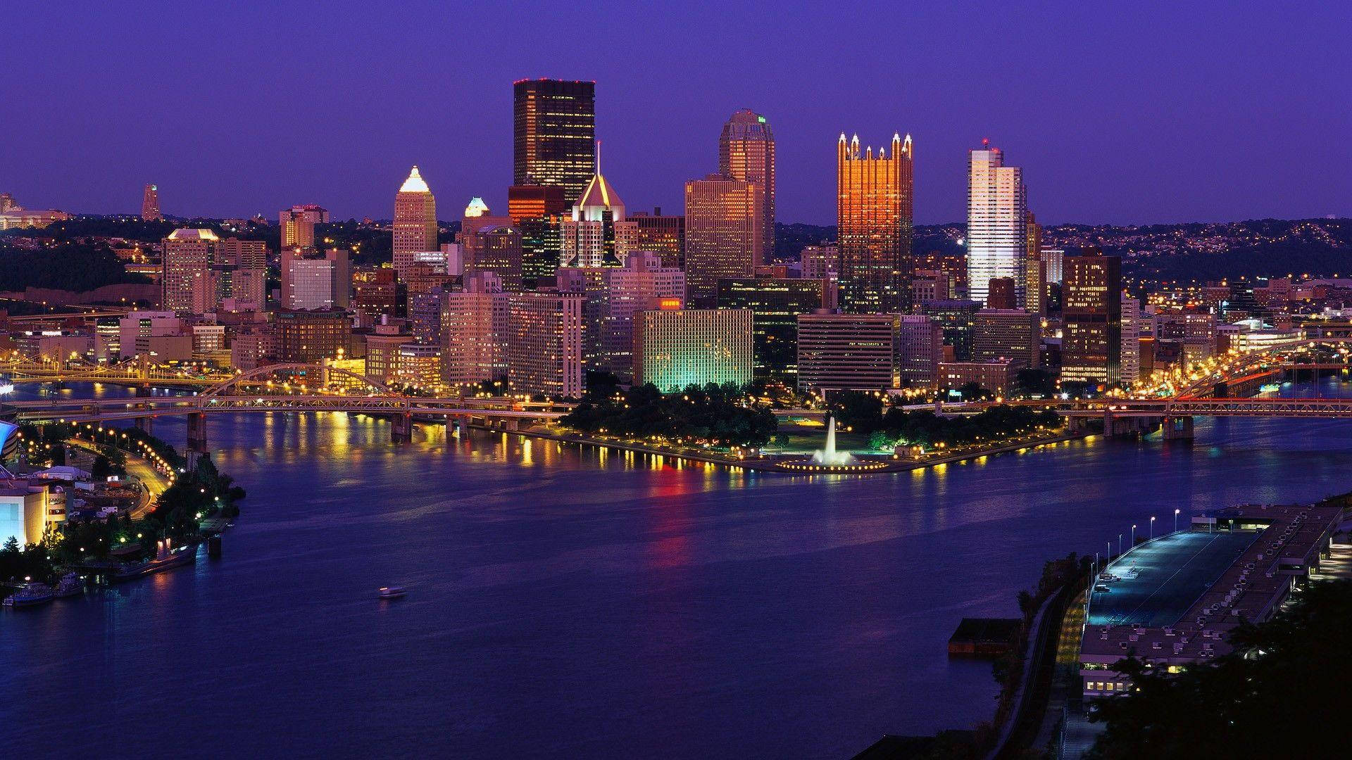 Pittsburgh Skyline, dusk, glowing skyscrapers, Full HD Desktop Wallpaper