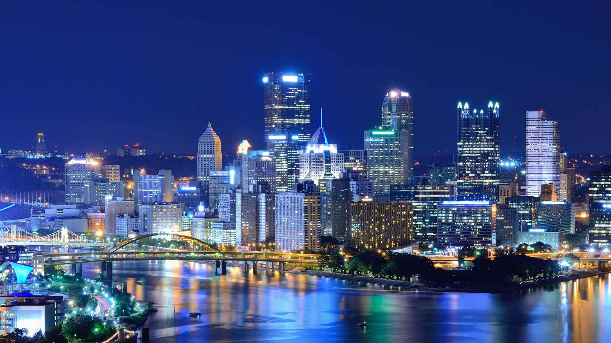Pittsburgh Skyline, dark blue, nighttime cityscape, Full HD Desktop Wallpaper