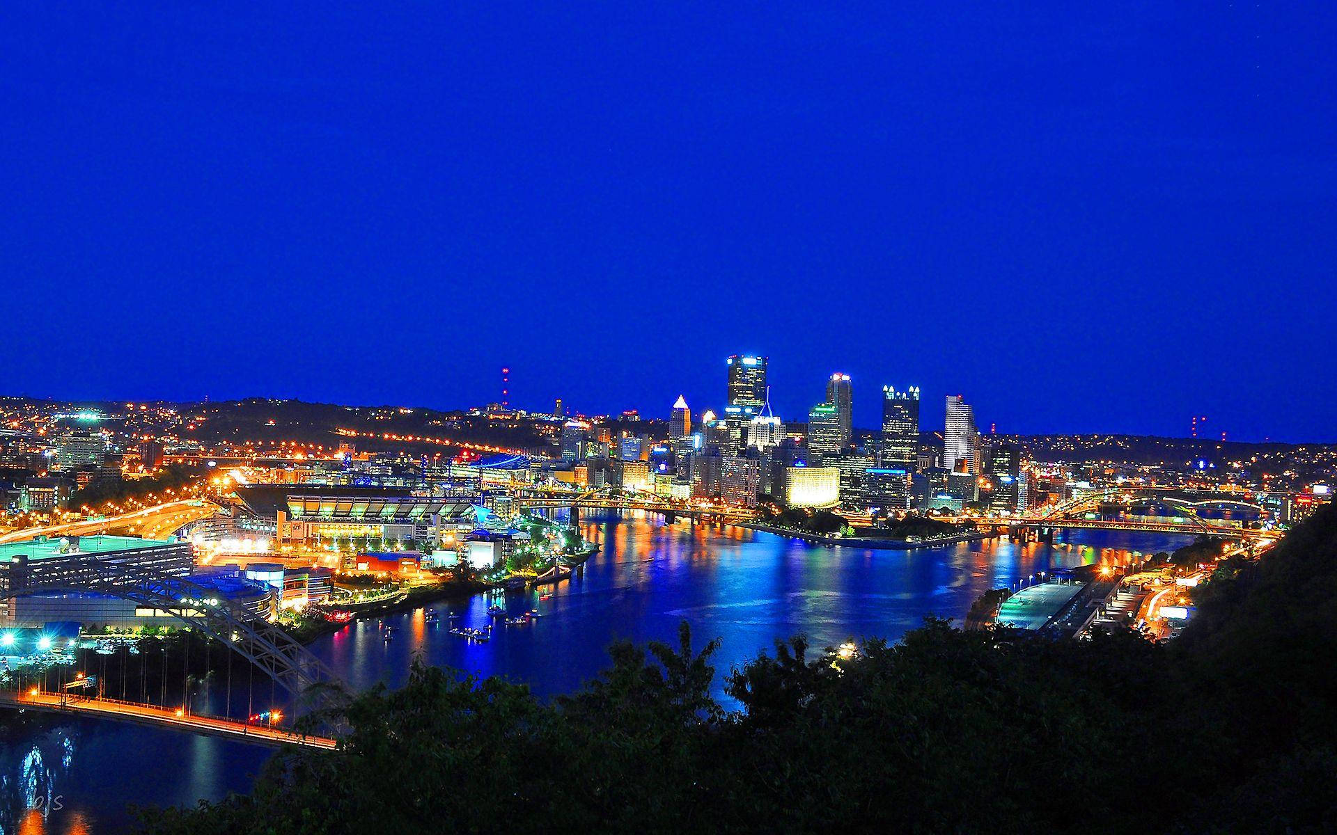Bright Blue Pittsburgh, Pittsburgh Skyline, glowing skyscrapers, Full HD Desktop Wallpaper
