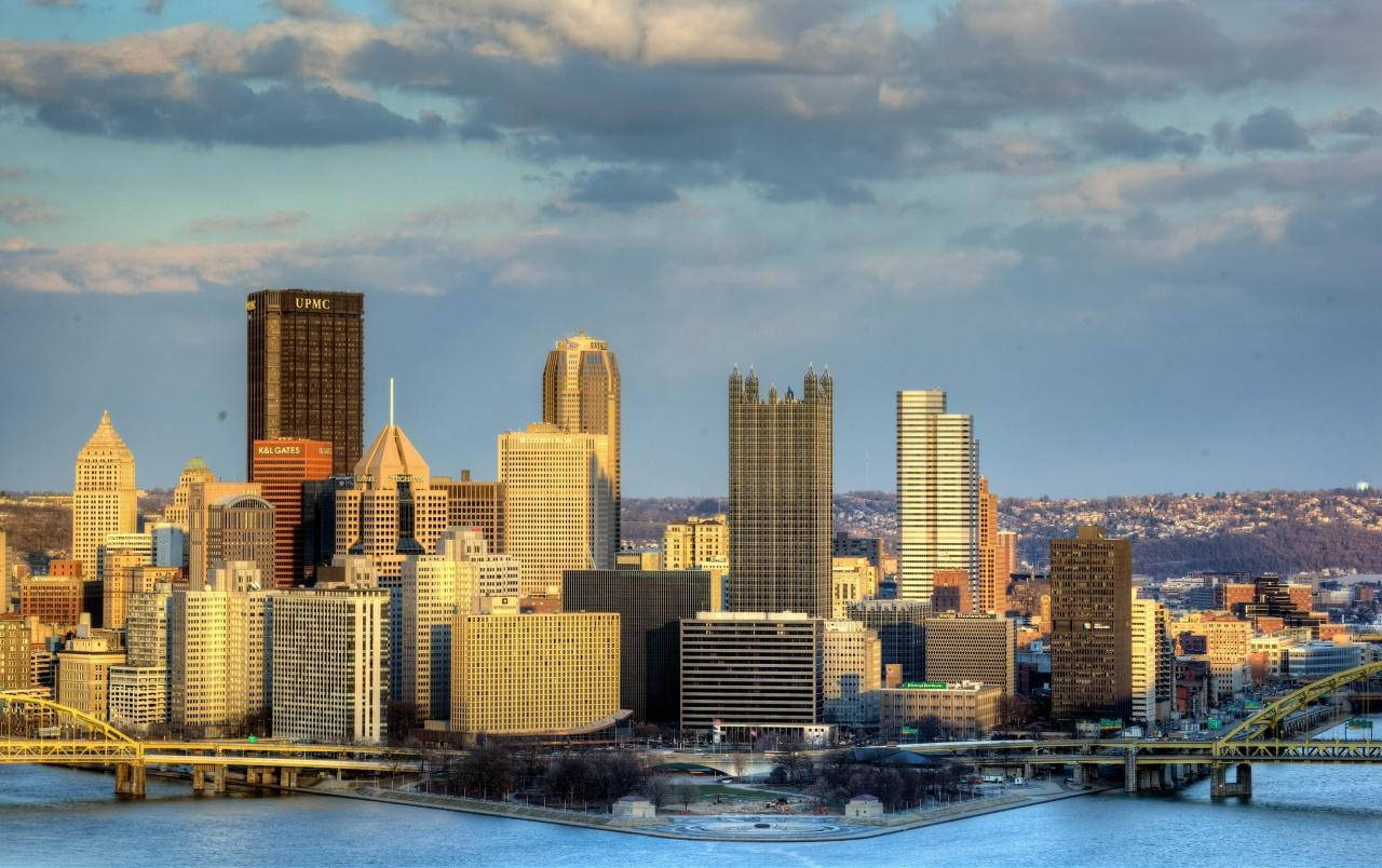 Pittsburgh Skyline, Golden hour, sunlight, HD Desktop Wallpaper