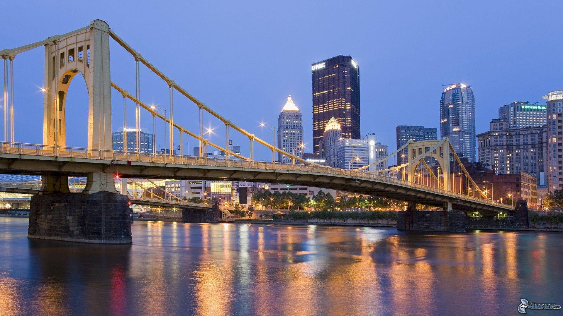 Pittsburgh River, sunset, suspension bridge, Full HD Desktop Wallpaper