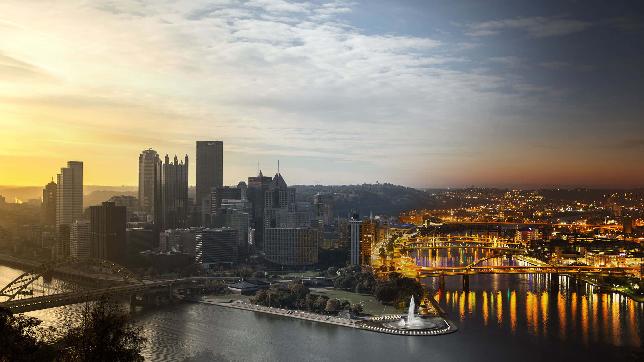 Pittsburgh Skyline, dusk, sunset, 2K Desktop Wallpaper
