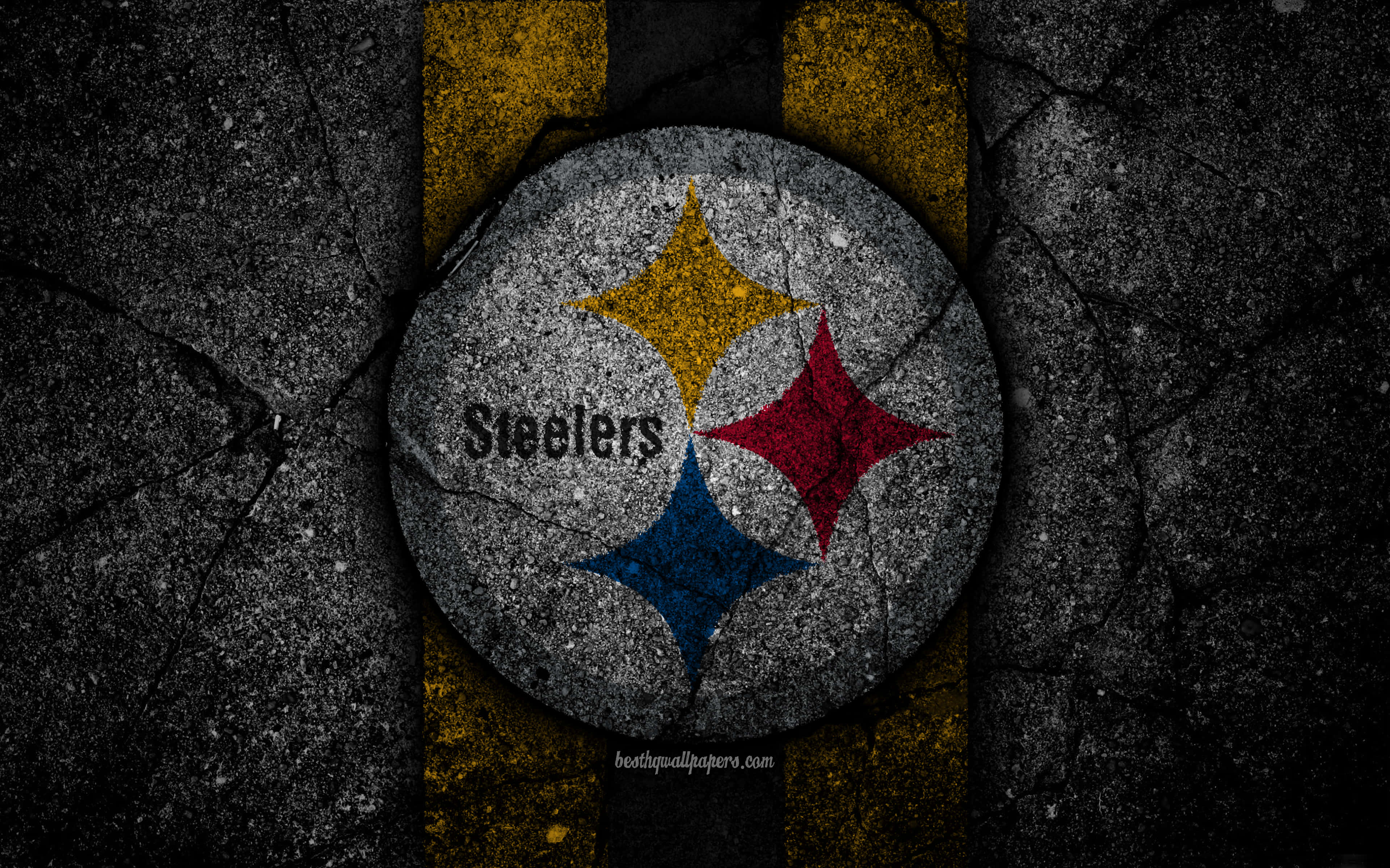 Pittsburgh Steelers Logo, cracked concrete, yellow, 4K Desktop Wallpaper