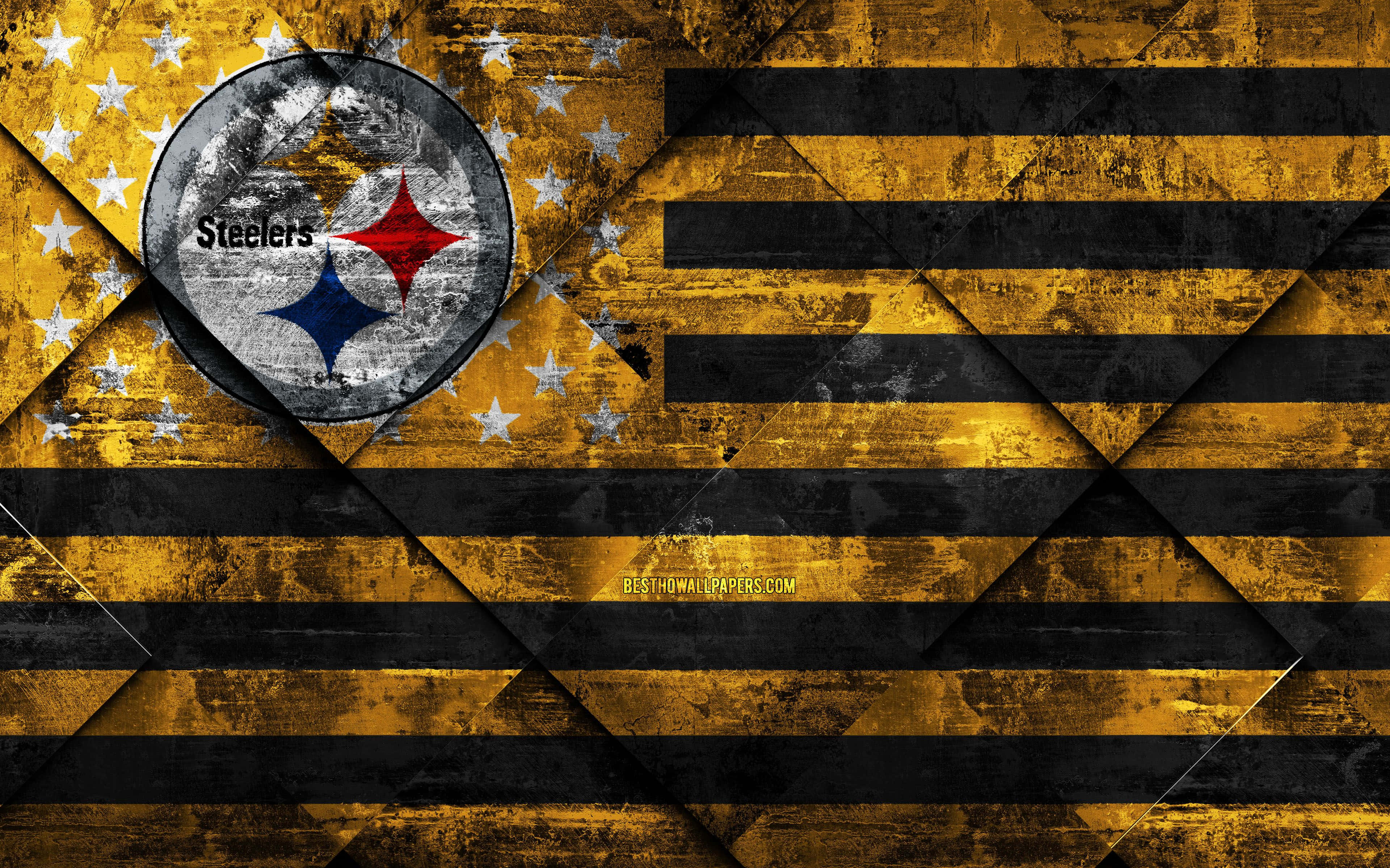 Pittsburgh Steelers Logo, black and gold stripes, white stars, 4K Desktop Wallpaper