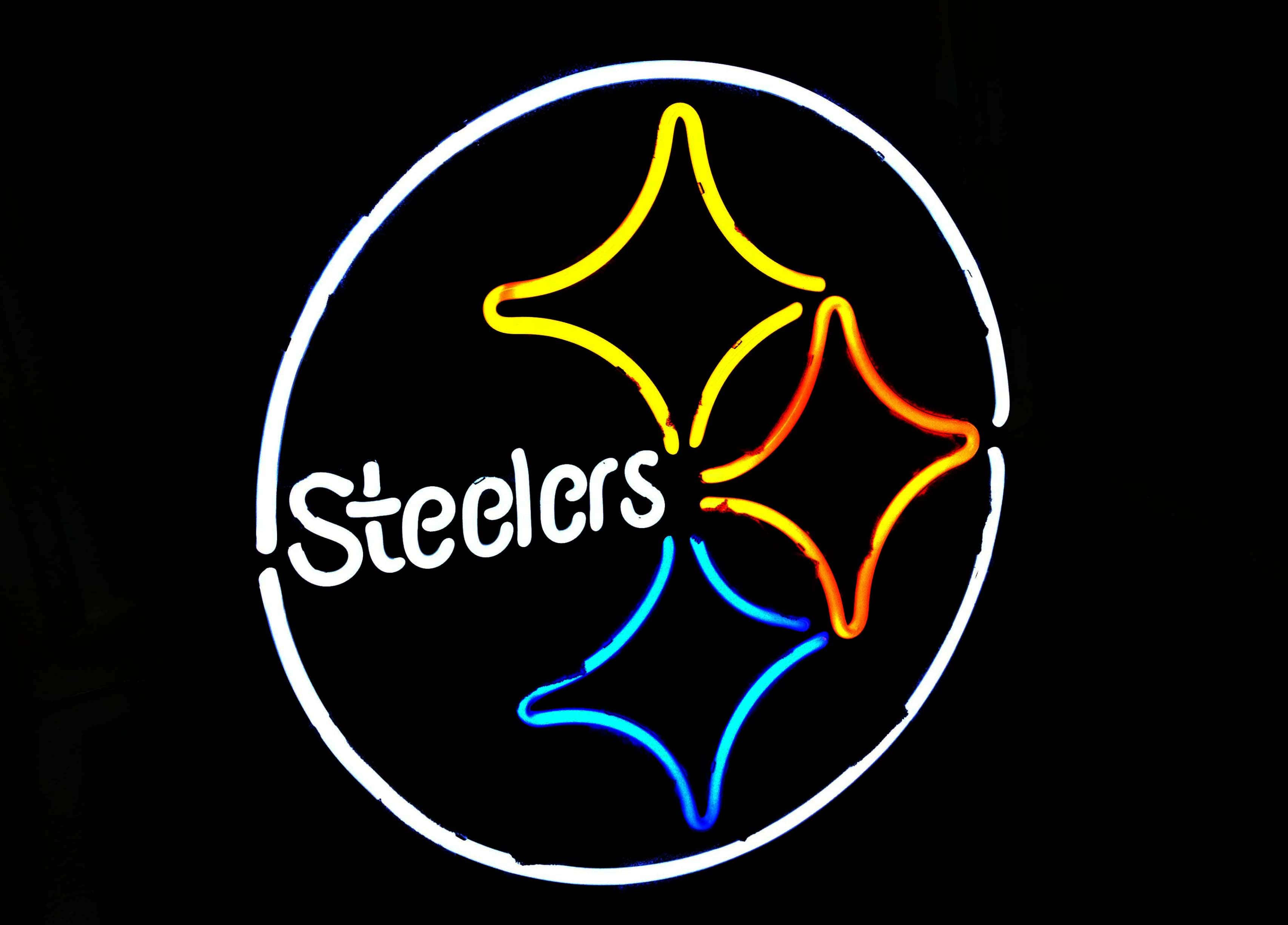 Pittsburgh Steelers Logo, neon sign, circular white outline, 2K Desktop Wallpaper