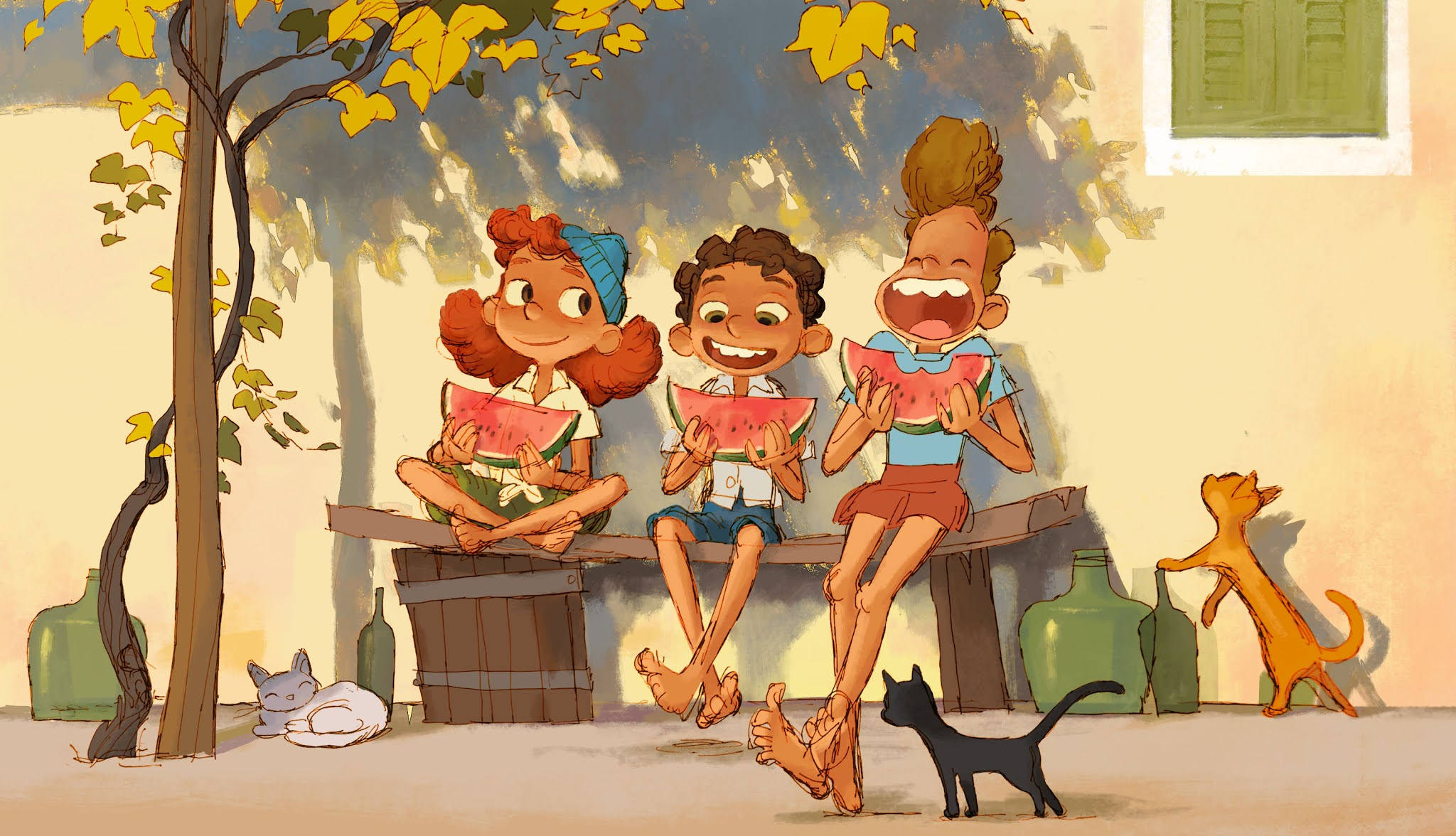 Pixar Luca, watermelon, bench, Full HD Desktop Wallpaper
