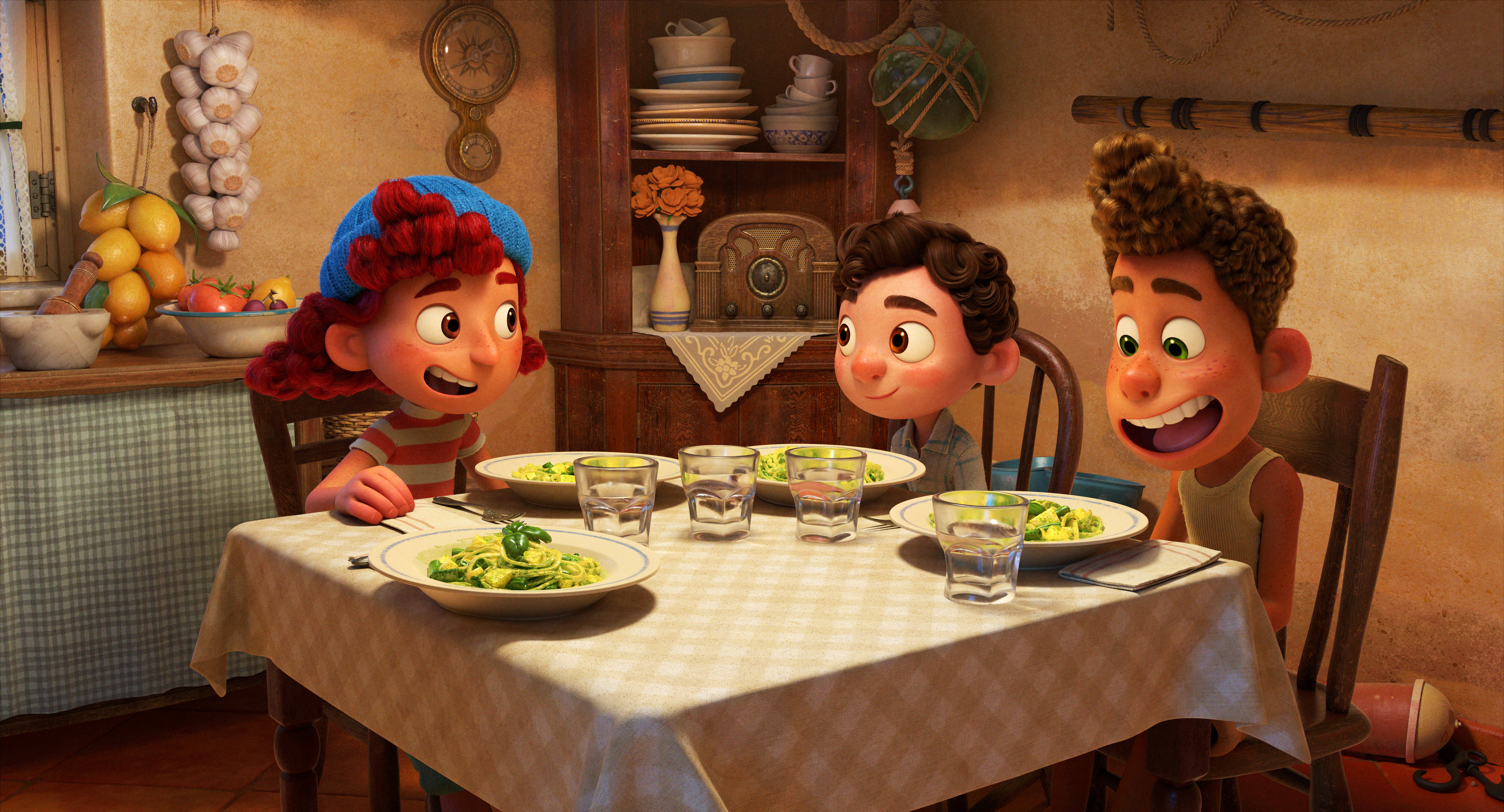 Pixar Luca, pasta, checkered tablecloth, 5K Desktop Wallpaper