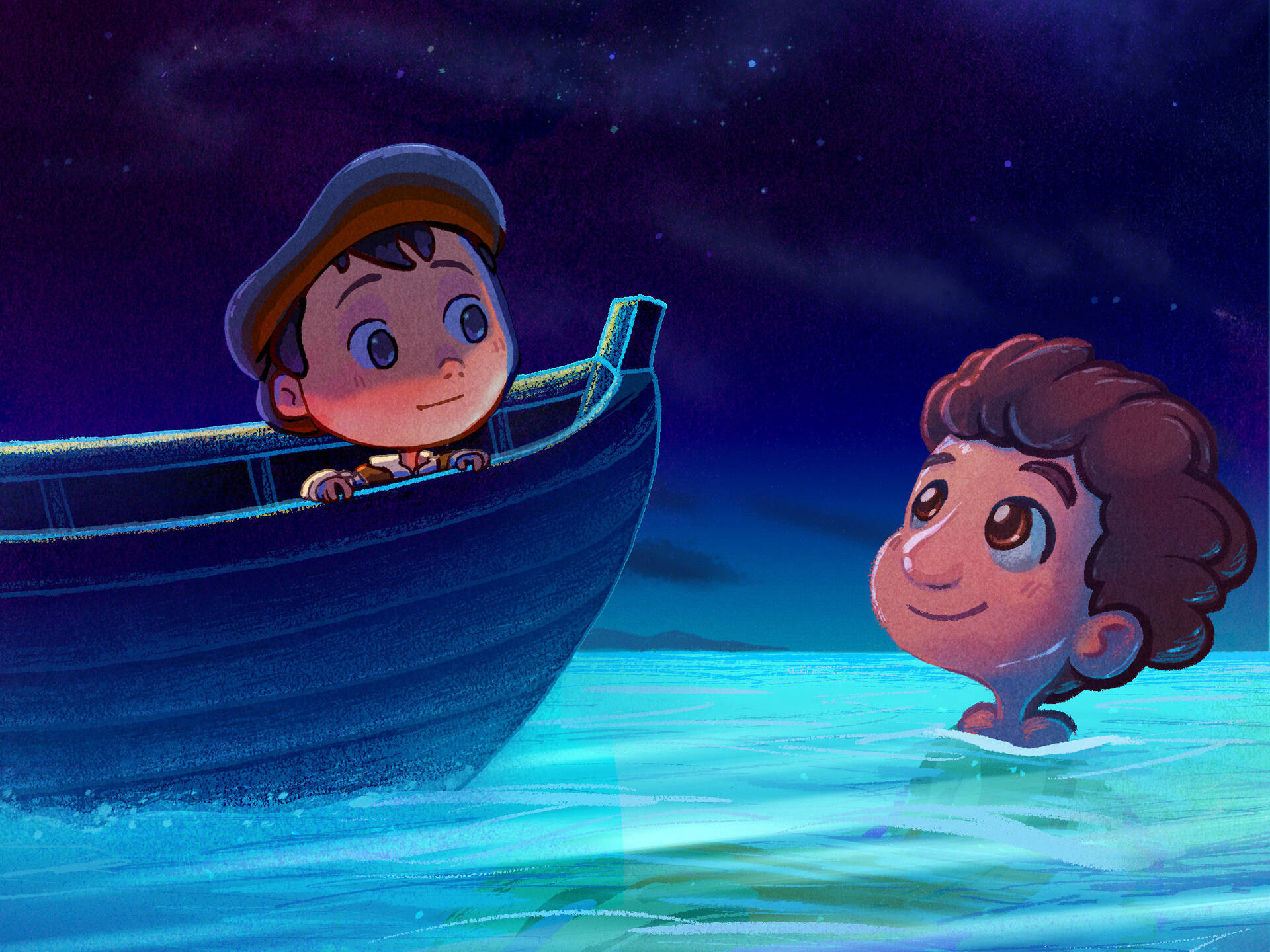 Pixar Luca, starry sky, boat, Full HD Desktop Wallpaper