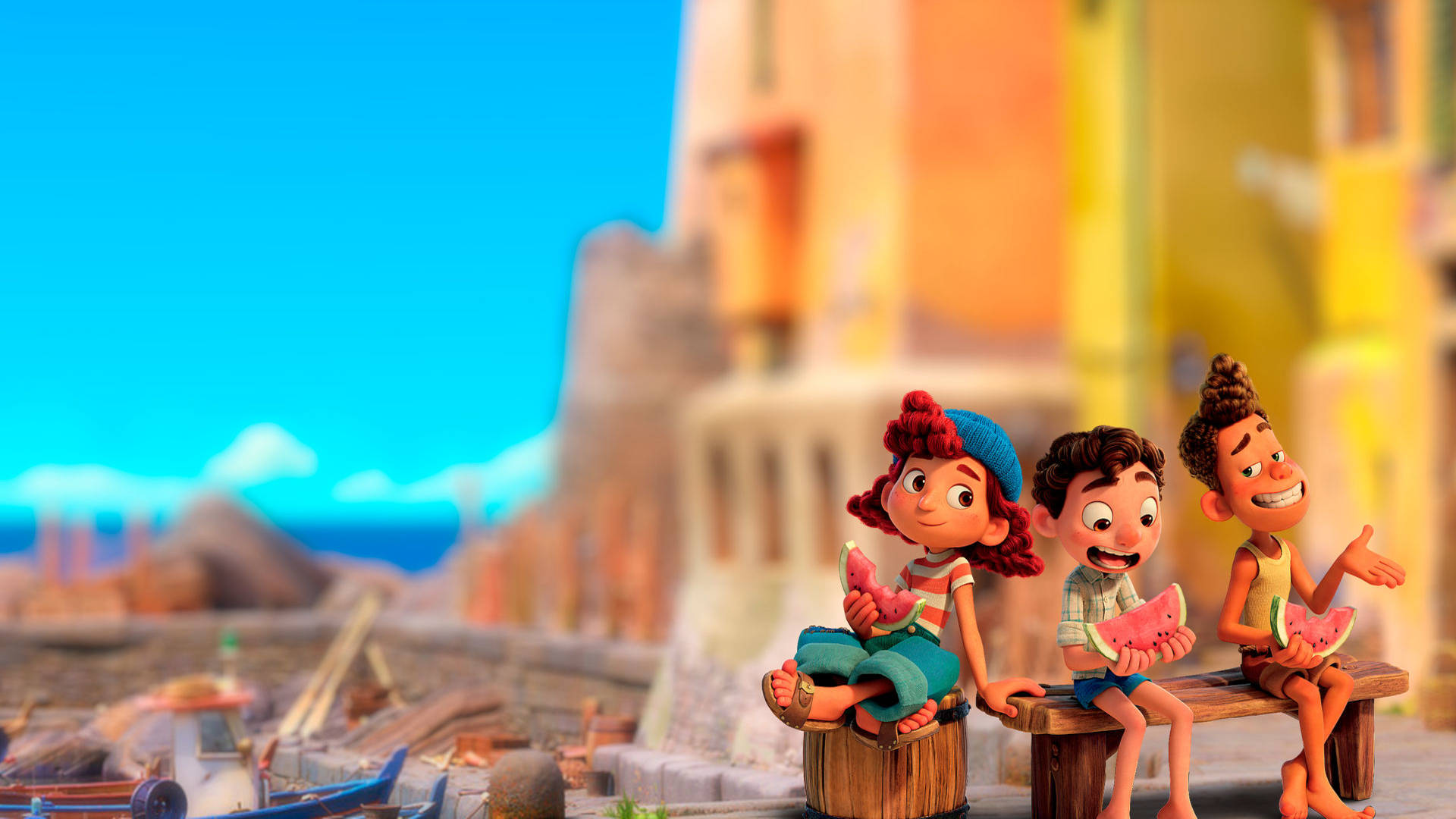 Pixar Luca, watermelon, wooden bench, Full HD Desktop Wallpaper
