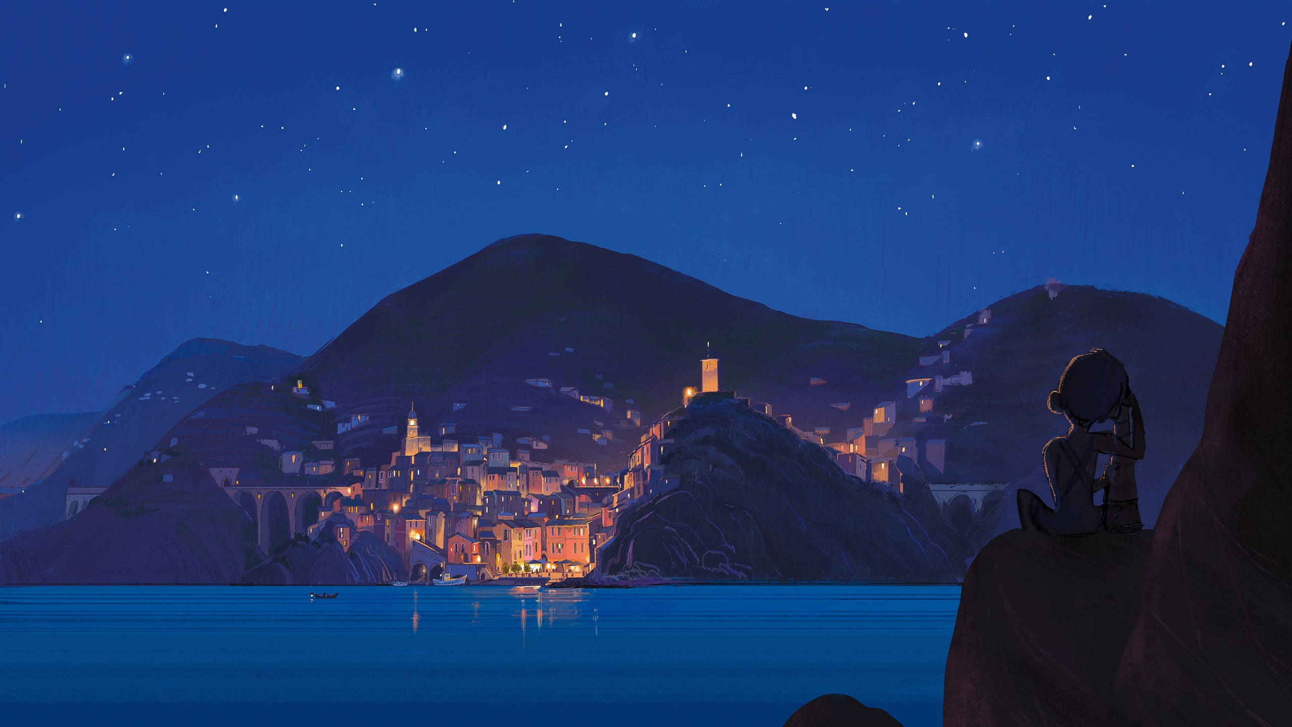 Pixar Luca, night, cliff, 2K Desktop Wallpaper