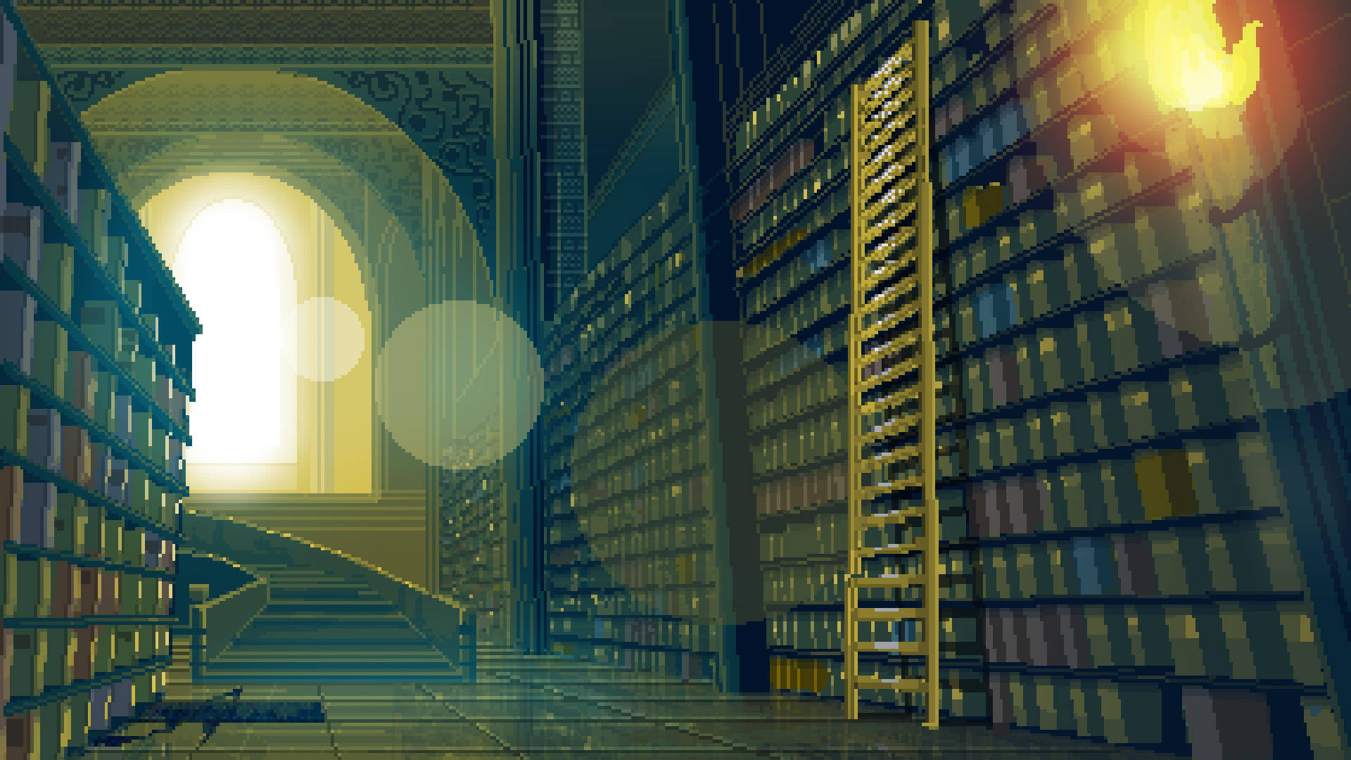 large library, aesthetic pixel art, towering bookshelves, Full HD Desktop Wallpaper