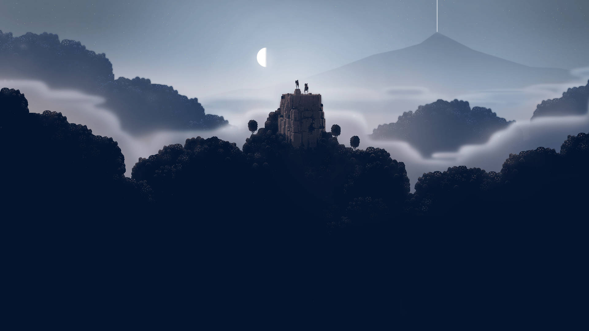 crescent moon, mist-shrouded cliff, distant mountain peak, Full HD Desktop Wallpaper