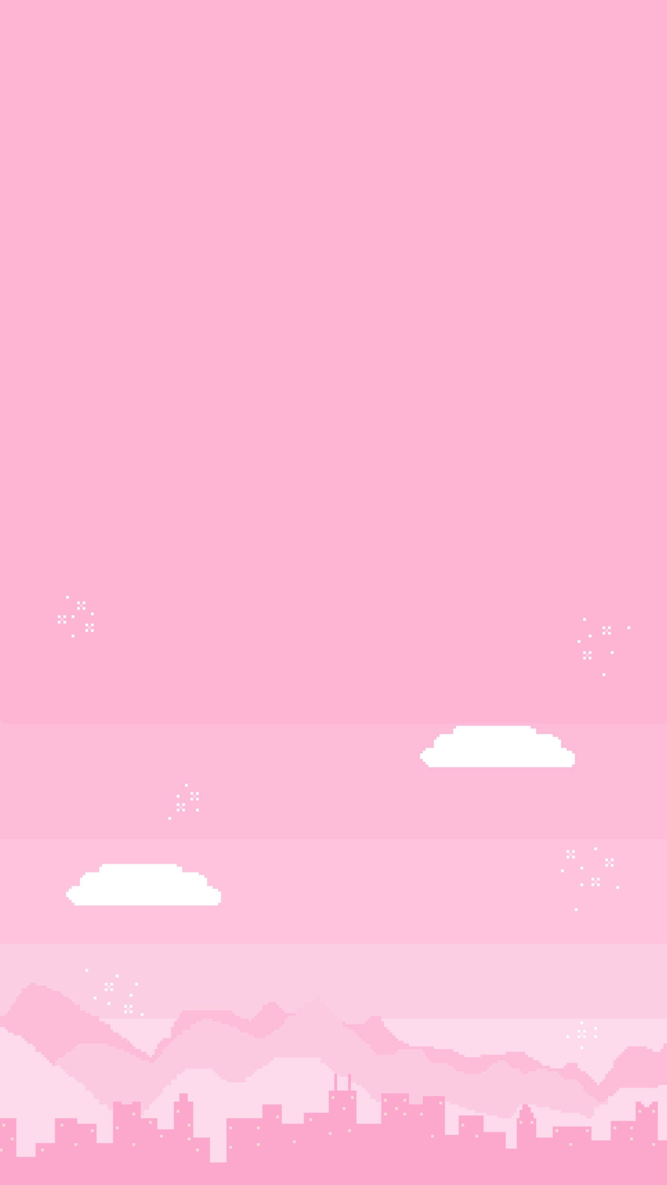 pink pixel art, minimalist pink pixel art skyline, white clouds, 4K Phone Wallpaper