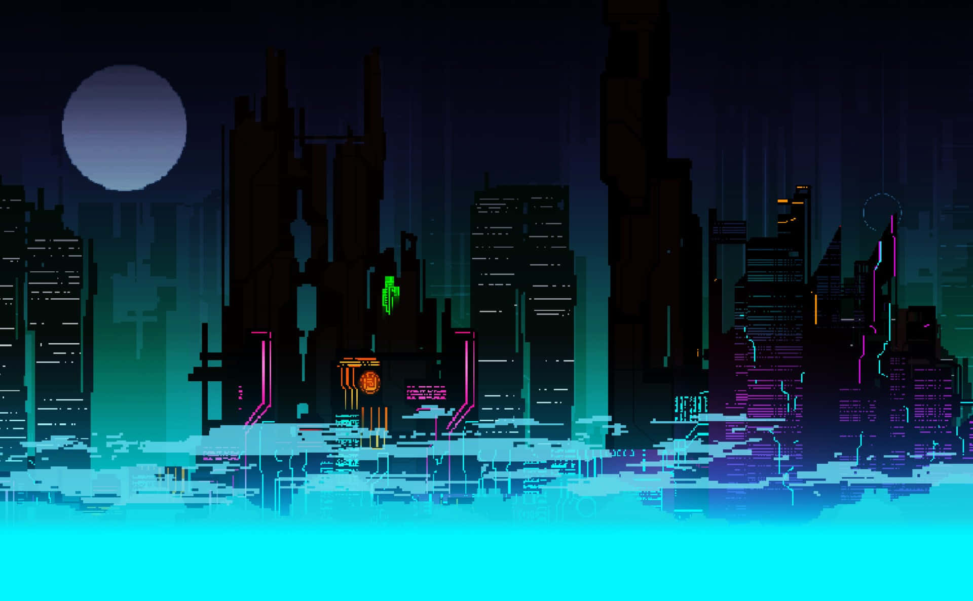 Pixel Art, cyberpunk city skyline, neon signs, Full HD Desktop Wallpaper