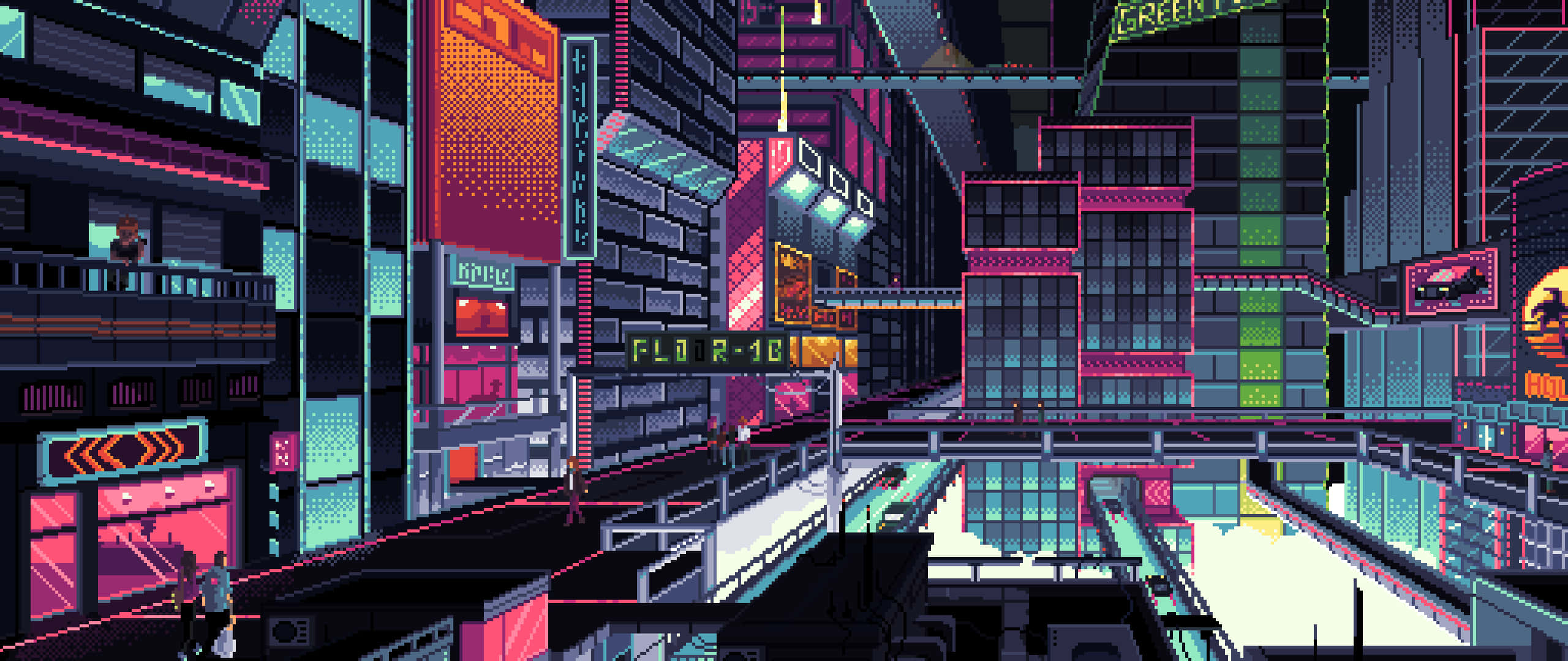 Pixel Art, neon signs, pink, 2K Desktop Wallpaper
