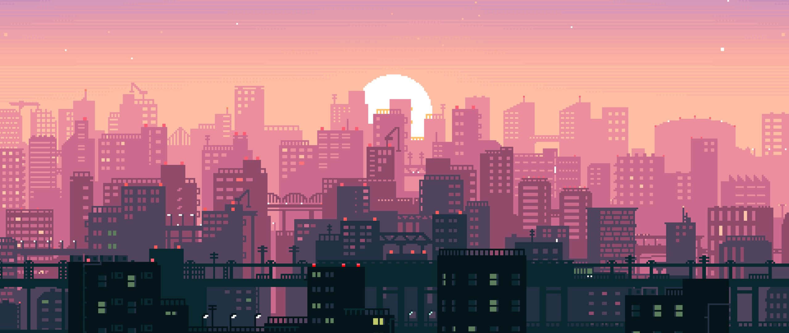 City Sunset Pixel Art, pink orange sky, glowing windows, 2K Desktop Wallpaper