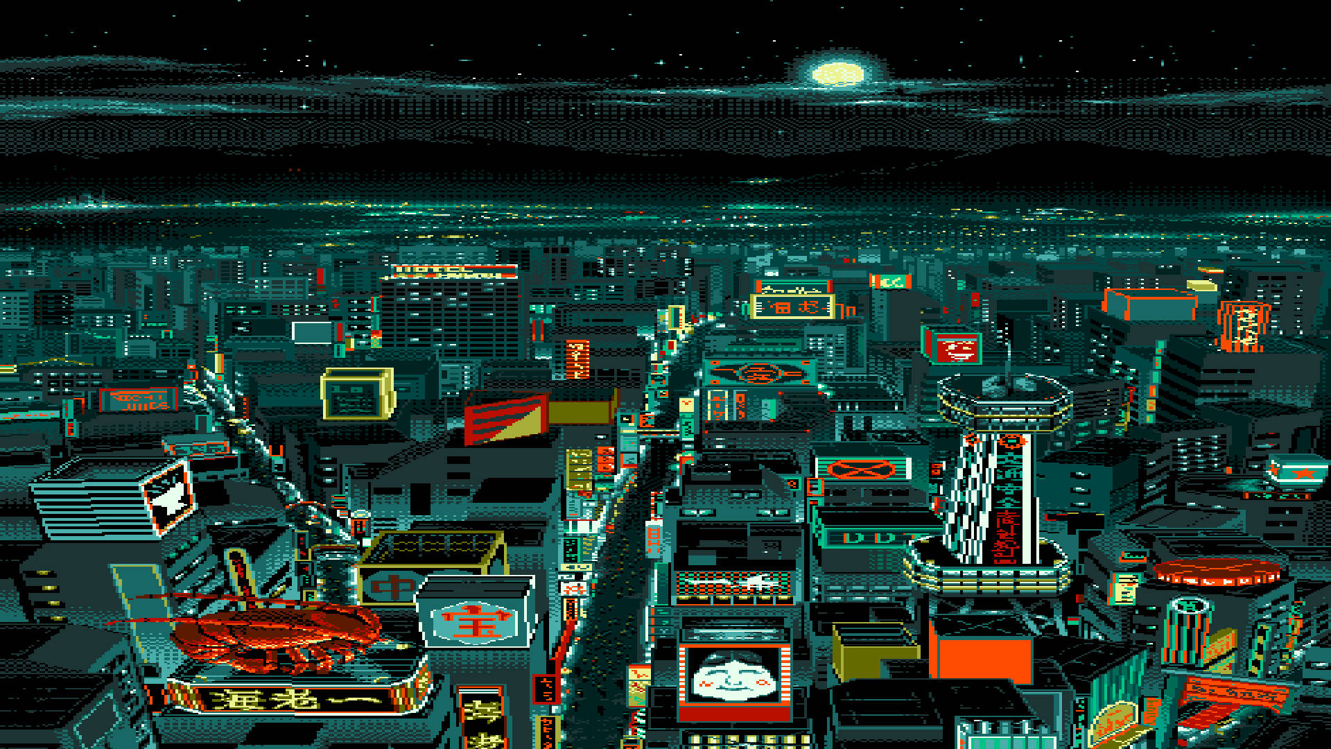 Pixel Art, neon-lit cityscape, night, Full HD Desktop Wallpaper