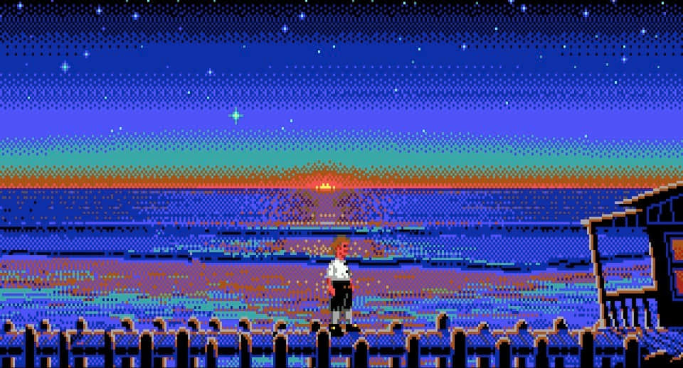 Pixel Beach Man, pier, twilight, SD Desktop Wallpaper